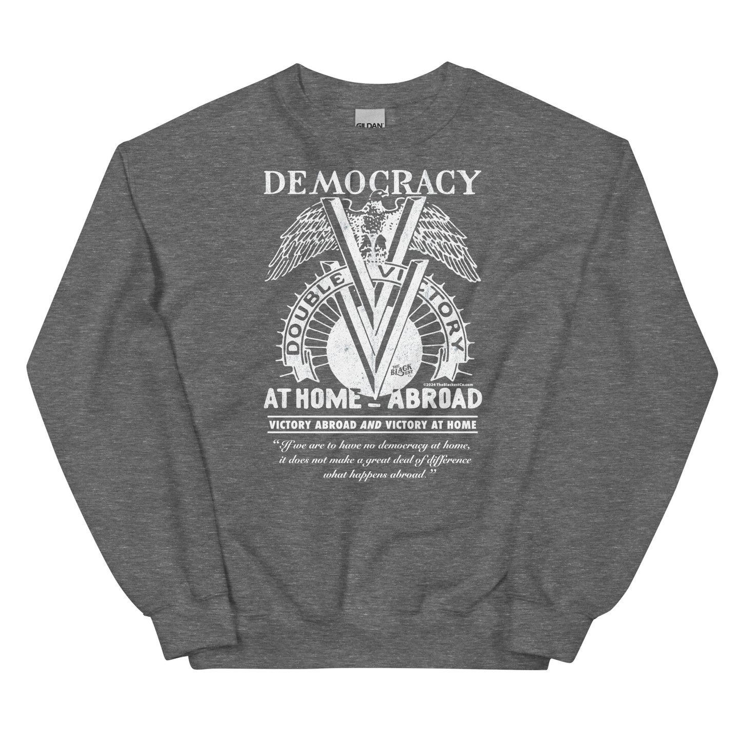 Dark heather gray Double V Campaign WWII Black Soldiers Sweatshirt with bold white design honoring Black soldiers' WWII Double V effort.