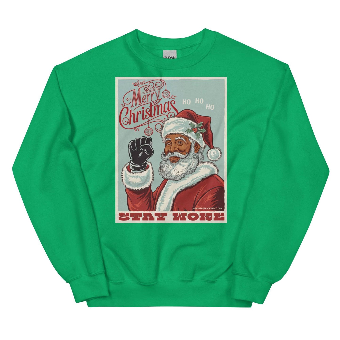 Green Black Santa Stay Woke sweatshirt with Merry Christmas design