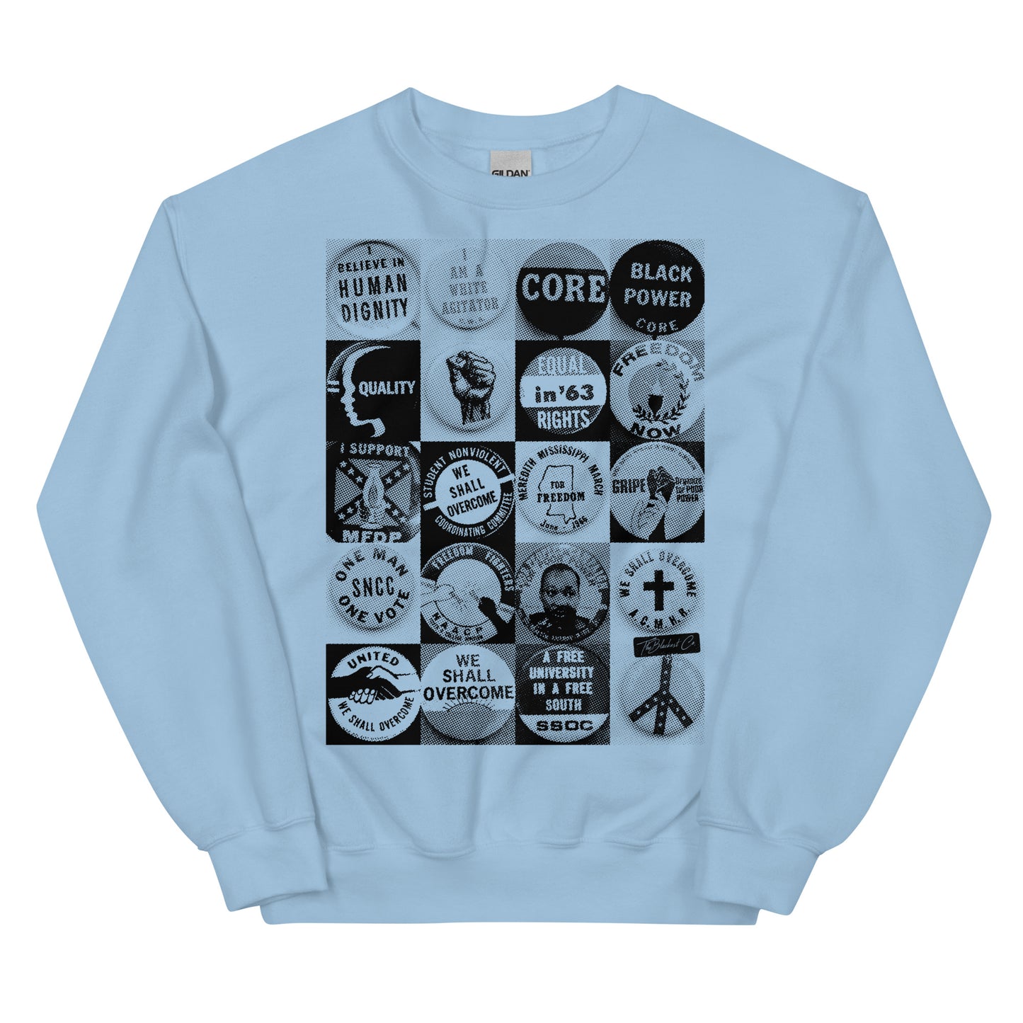 Light blue Civil Rights Button Sweatshirt with historic protest pin collage. Warm, soft unisex pullover perfect for honoring civil rights legacy.