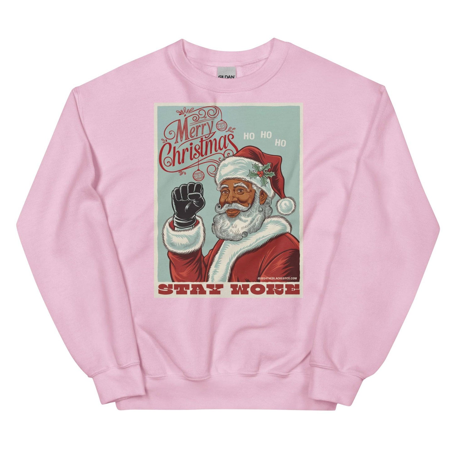Pink Black Santa Stay Woke sweatshirt with Merry Christmas design