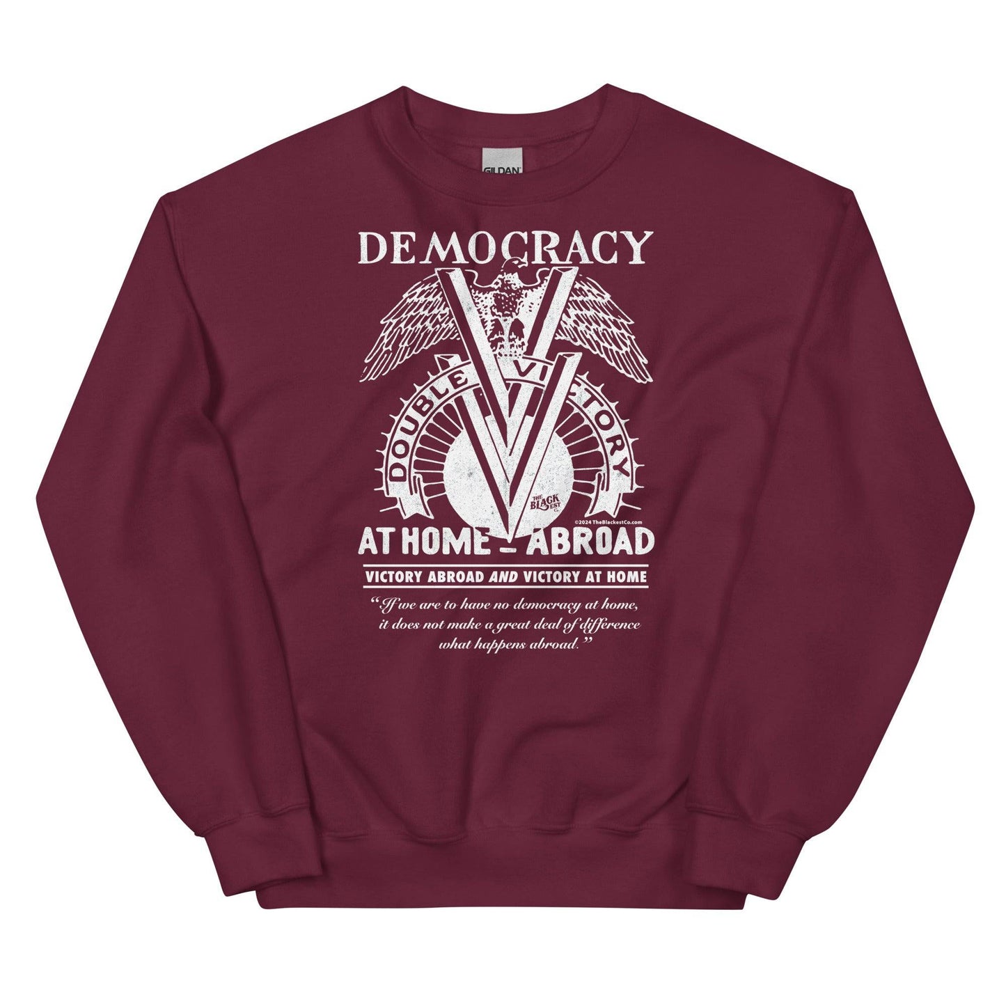 Maroon Double V Campaign WWII Black Soldiers Sweatshirt with vintage-style white print honoring Black soldiers' Double Victory campaign.