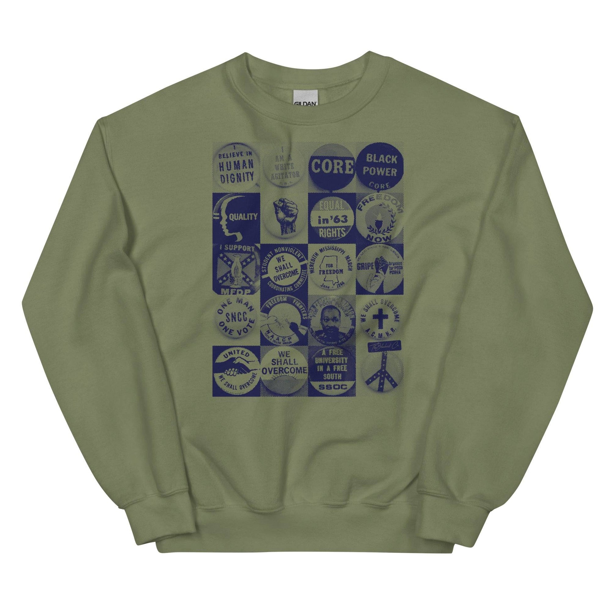 a green sweatshirt with a bunch of civil rights buttons graphics on it