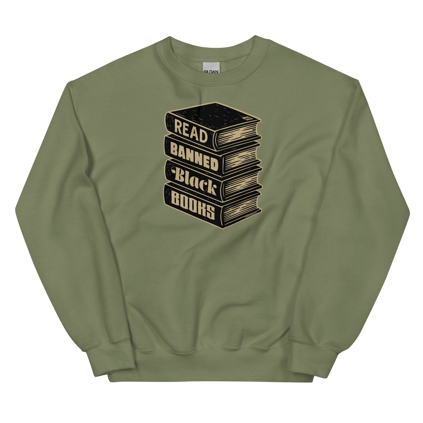 Sage green Read Banned Black Books unisex crewneck sweatshirt with bold literary message, supporting Black voices and banned books.