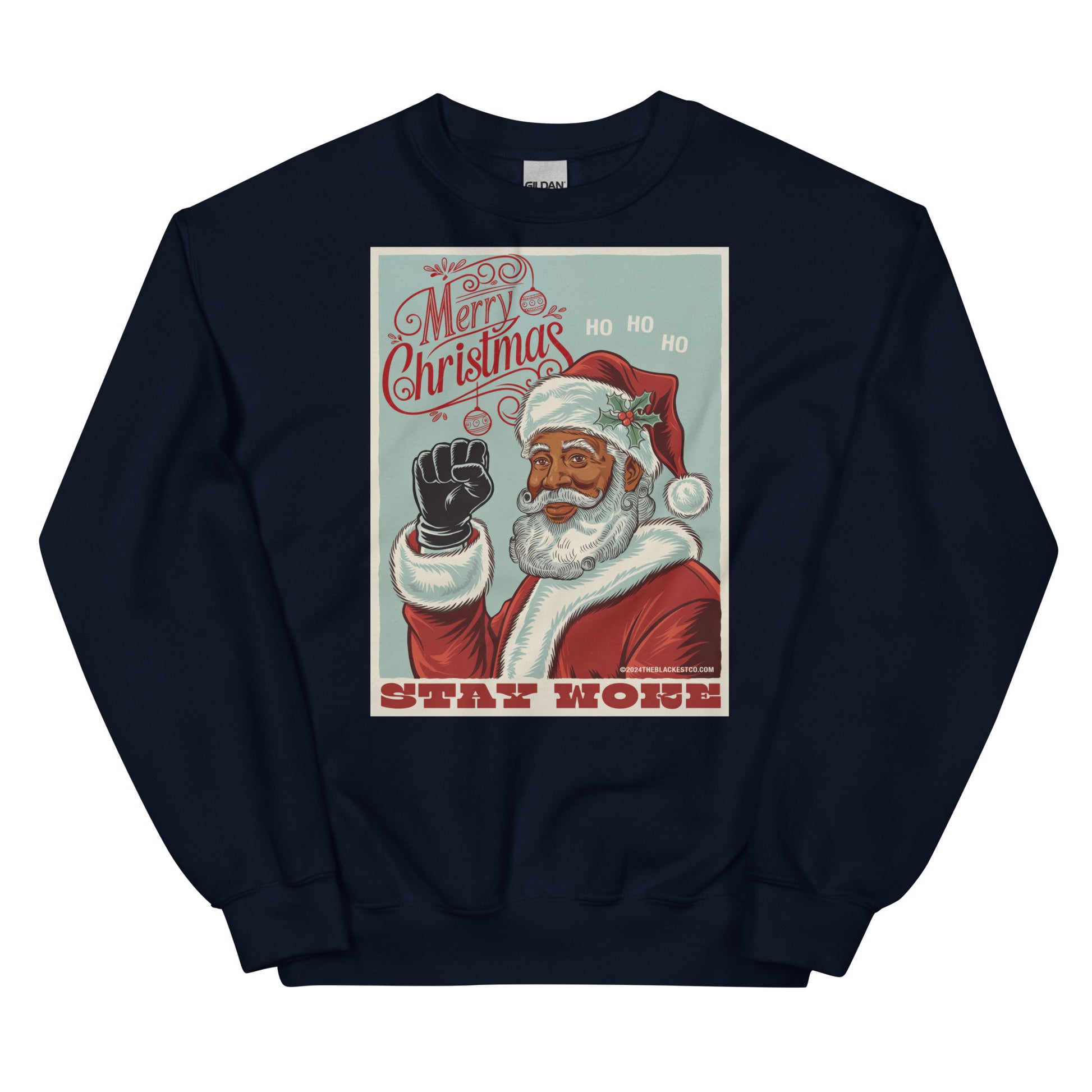Black Black Santa Stay Woke sweatshirt with Merry Christmas design