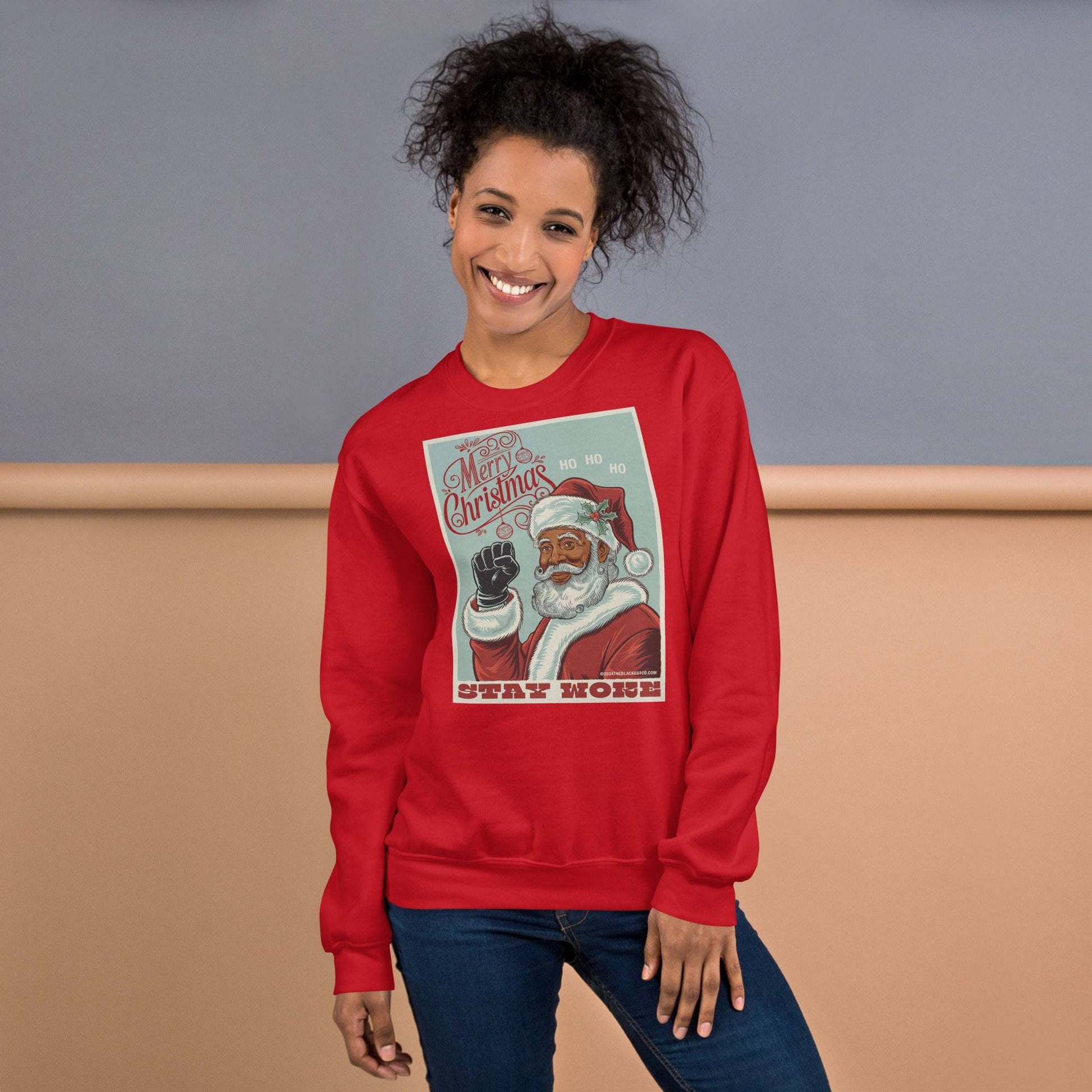 Woman wearing red Black Santa Stay Woke sweatshirt