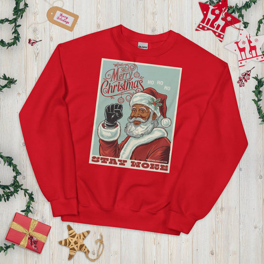 Red Black Santa Stay Woke unisex sweatshirt on festive background