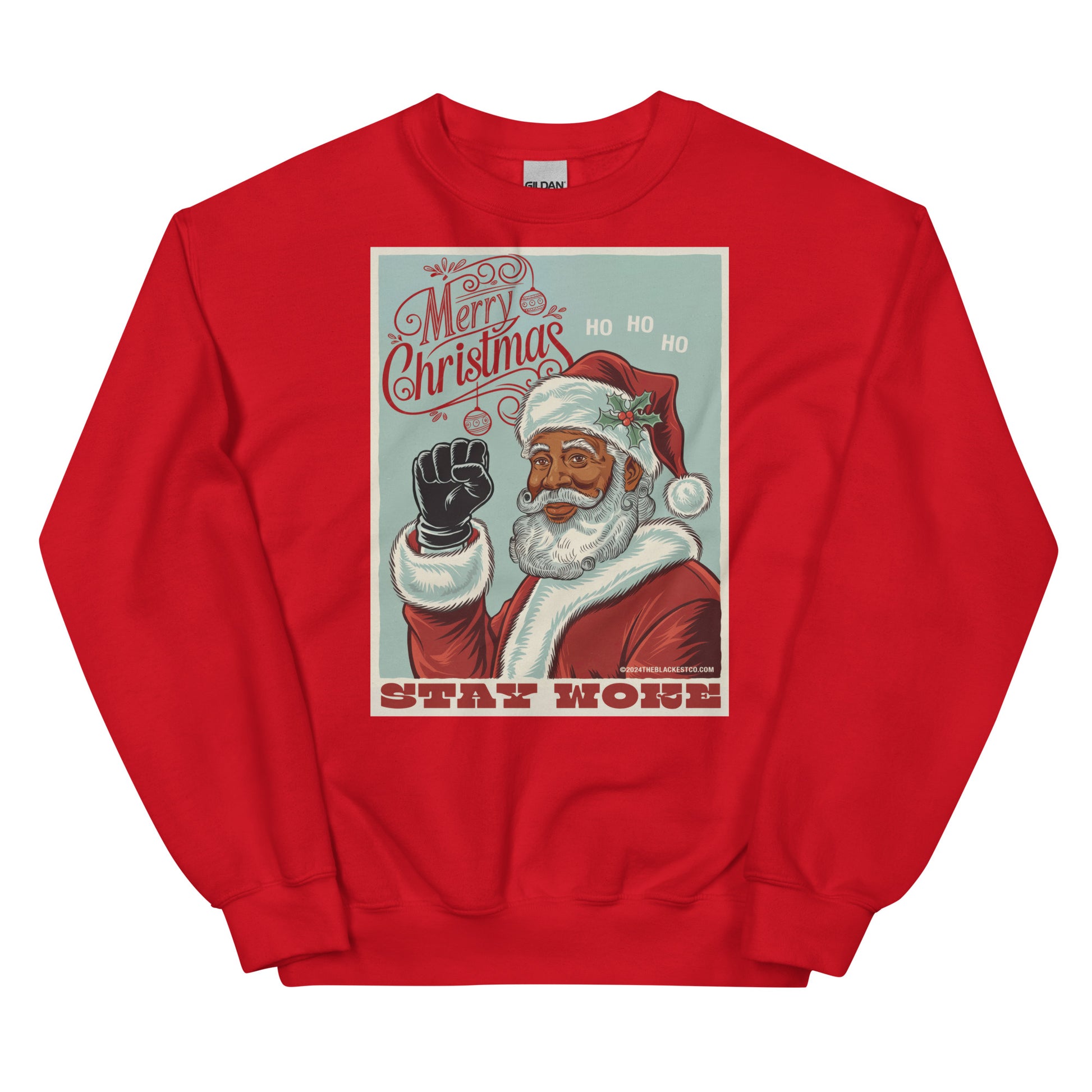 Red Black Santa Stay Woke sweatshirt with Merry Christmas design