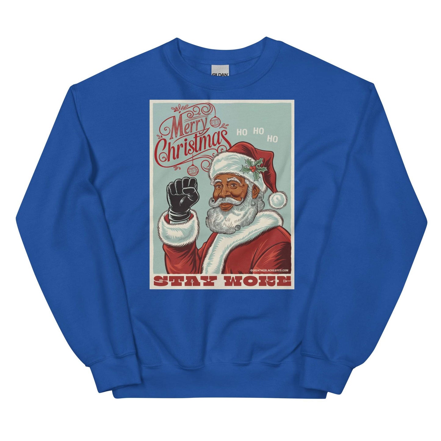 Blue Black Santa Stay Woke sweatshirt with Merry Christmas design