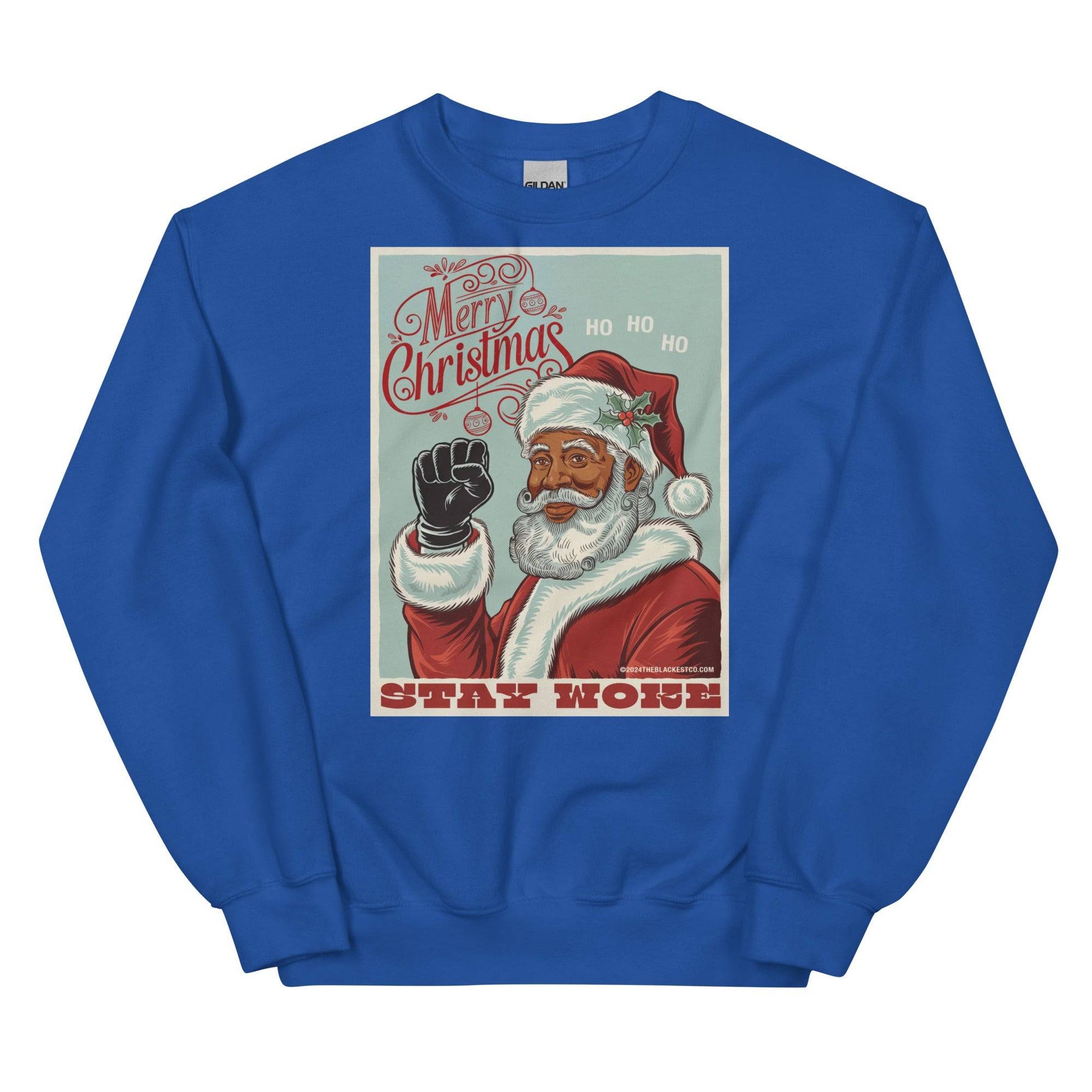 Blue Black Santa Stay Woke sweatshirt with Merry Christmas design
