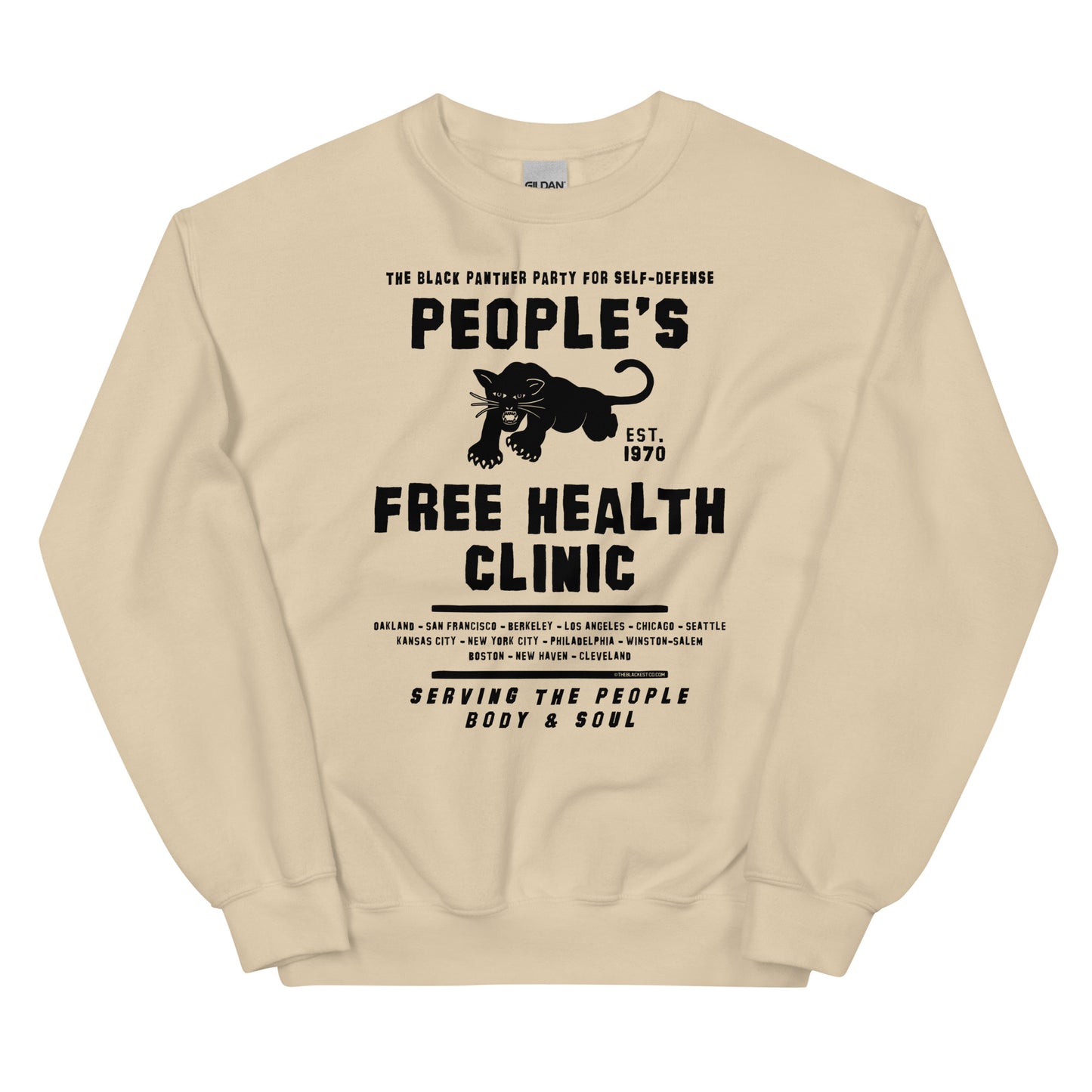Beige unisex sweatshirt with People's Free Health Clinic design