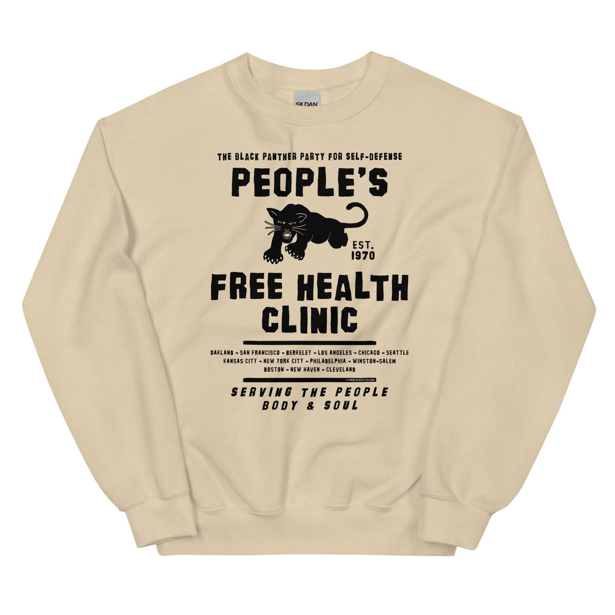 Beige unisex sweatshirt with People's Free Health Clinic design