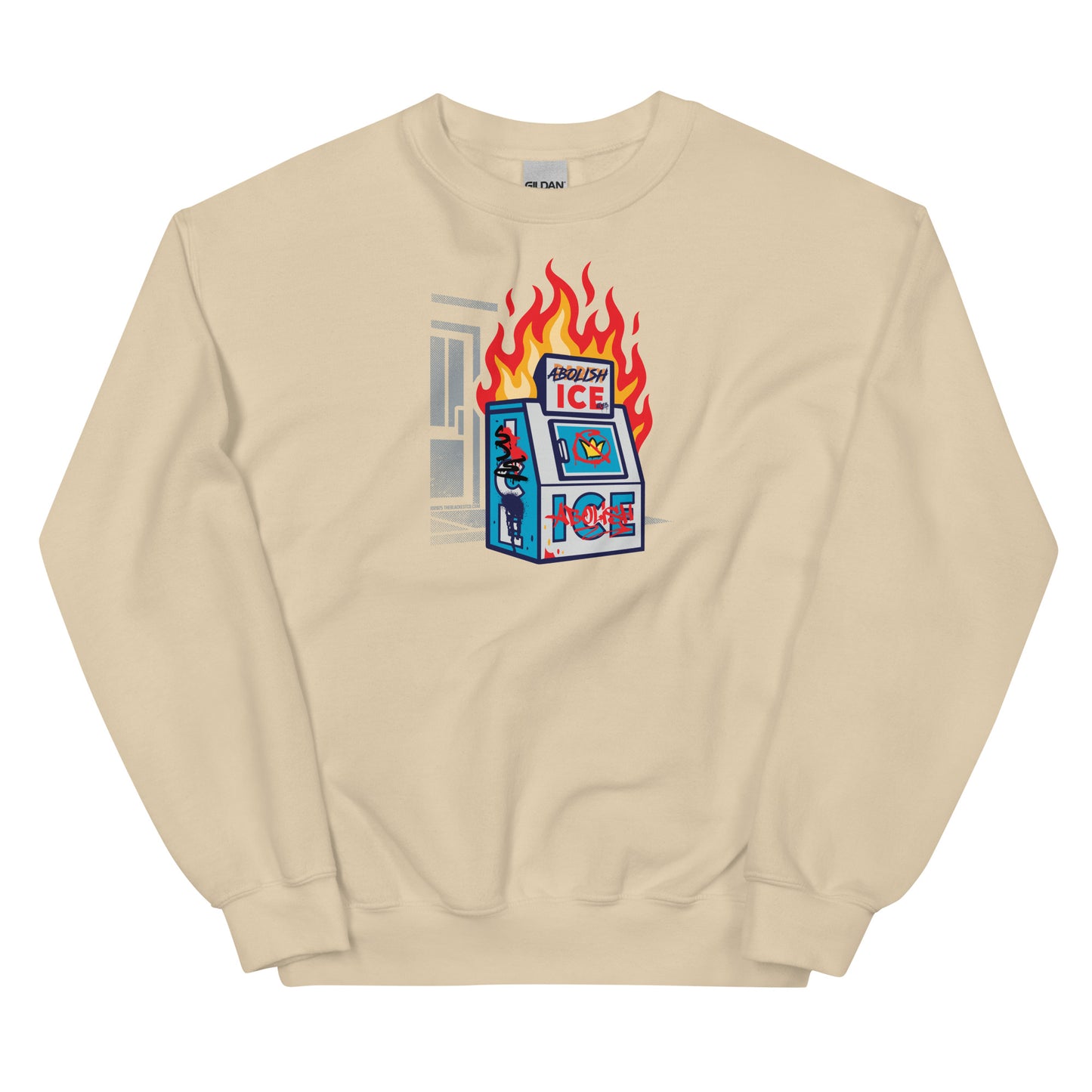 Cream Abolish Ice Protest Crewneck Sweatshirt with bold anti-ICE design. Unisex pullover for winter, part of No Kings protest collection.