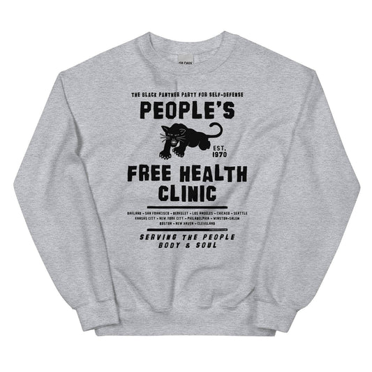 Gray unisex sweatshirt with People's Free Health Clinic design