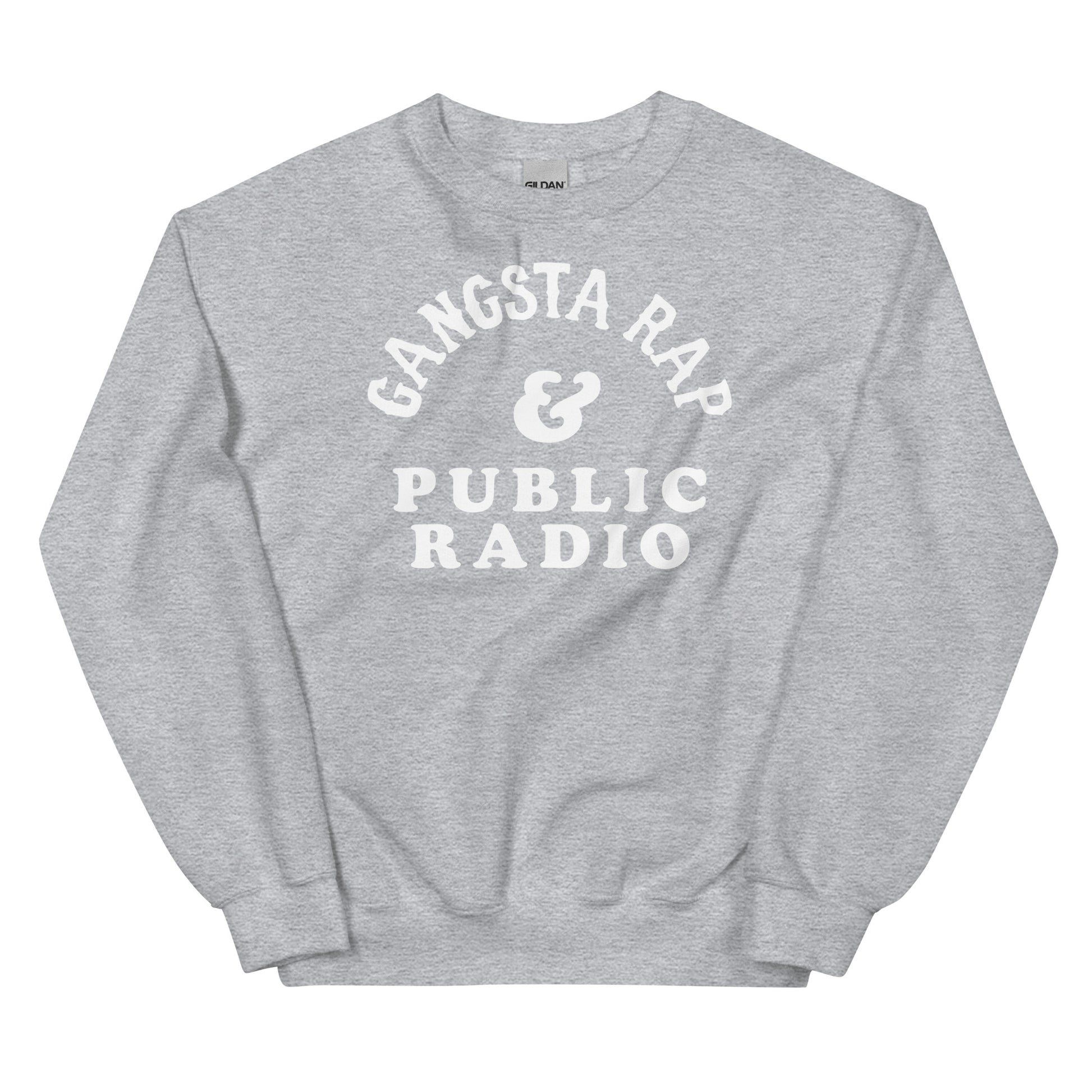 Sport gray Gangsta Rap And Public Radio Unisex Staple Sweatshirt with white lettering, classic fit for cozy and cultural streetwear.