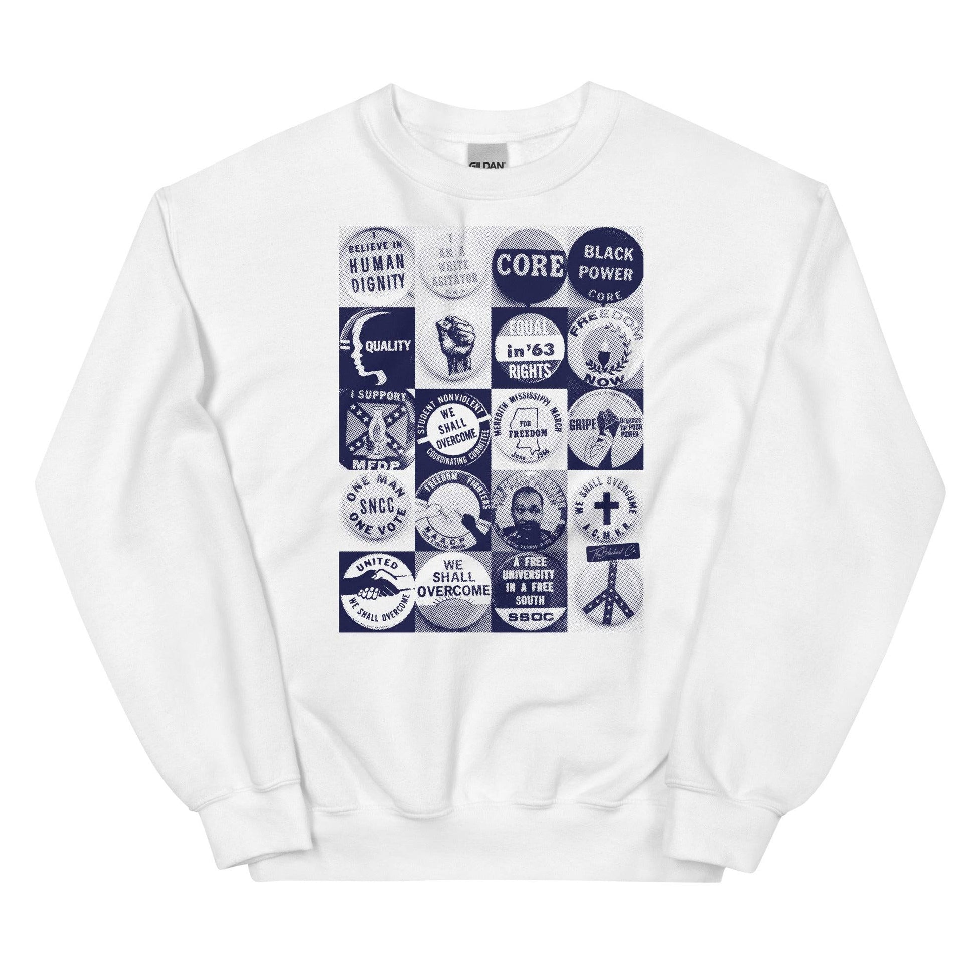 a white sweatshirt with a bunch of civil rights buttons graphics on it
