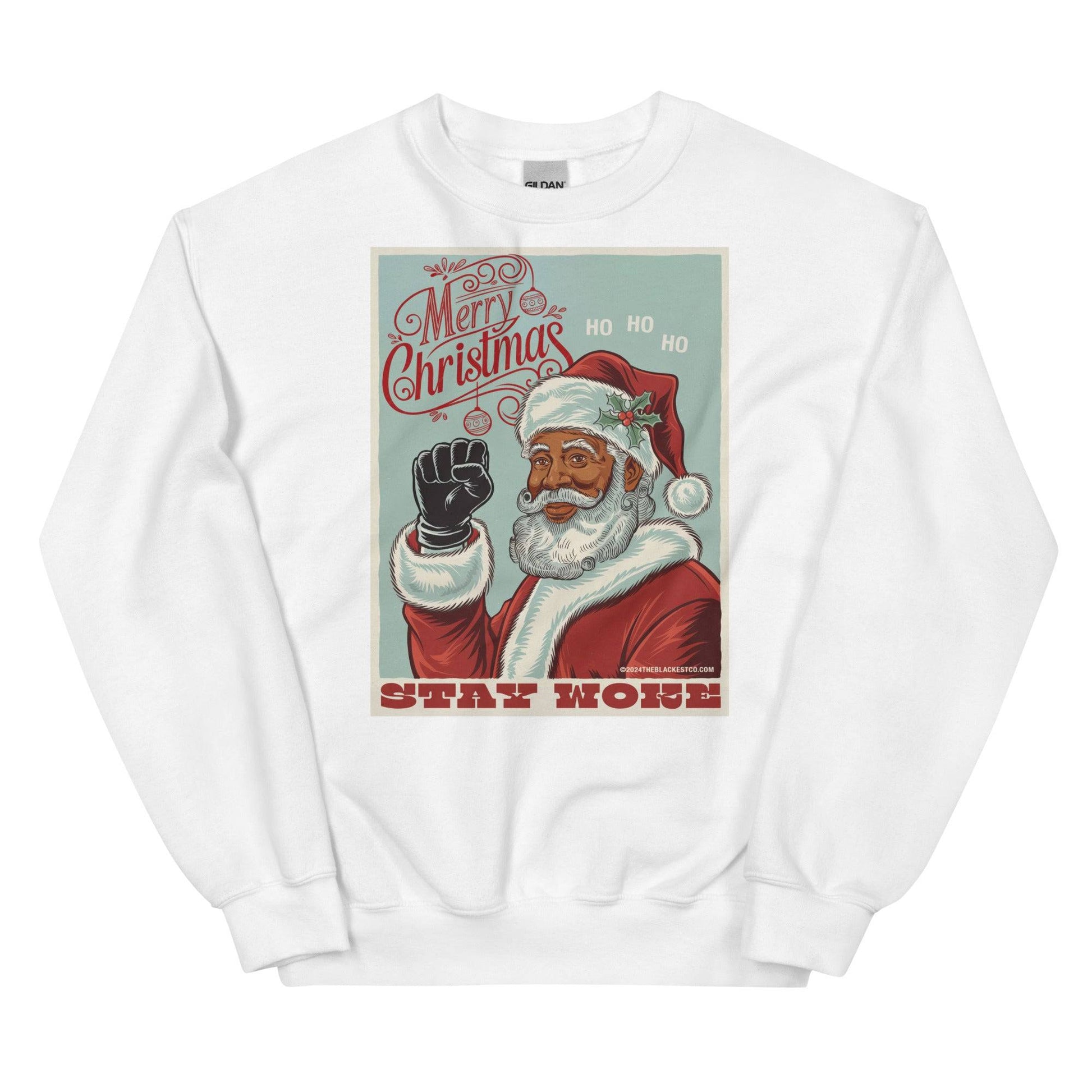 White Black Santa Stay Woke sweatshirt with Merry Christmas design