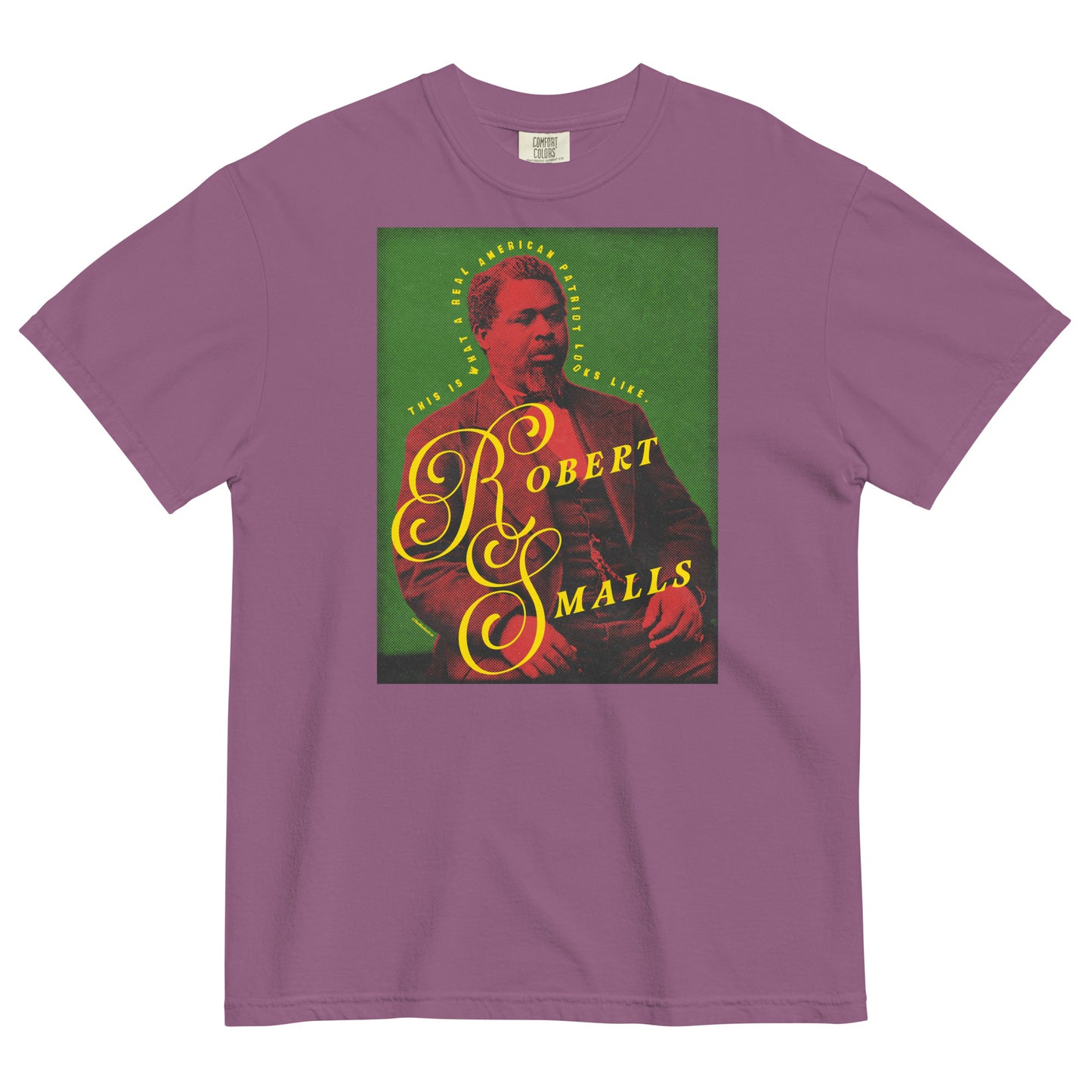 Purple t-shirt with a graphic of Robert Smalls and text on a white background