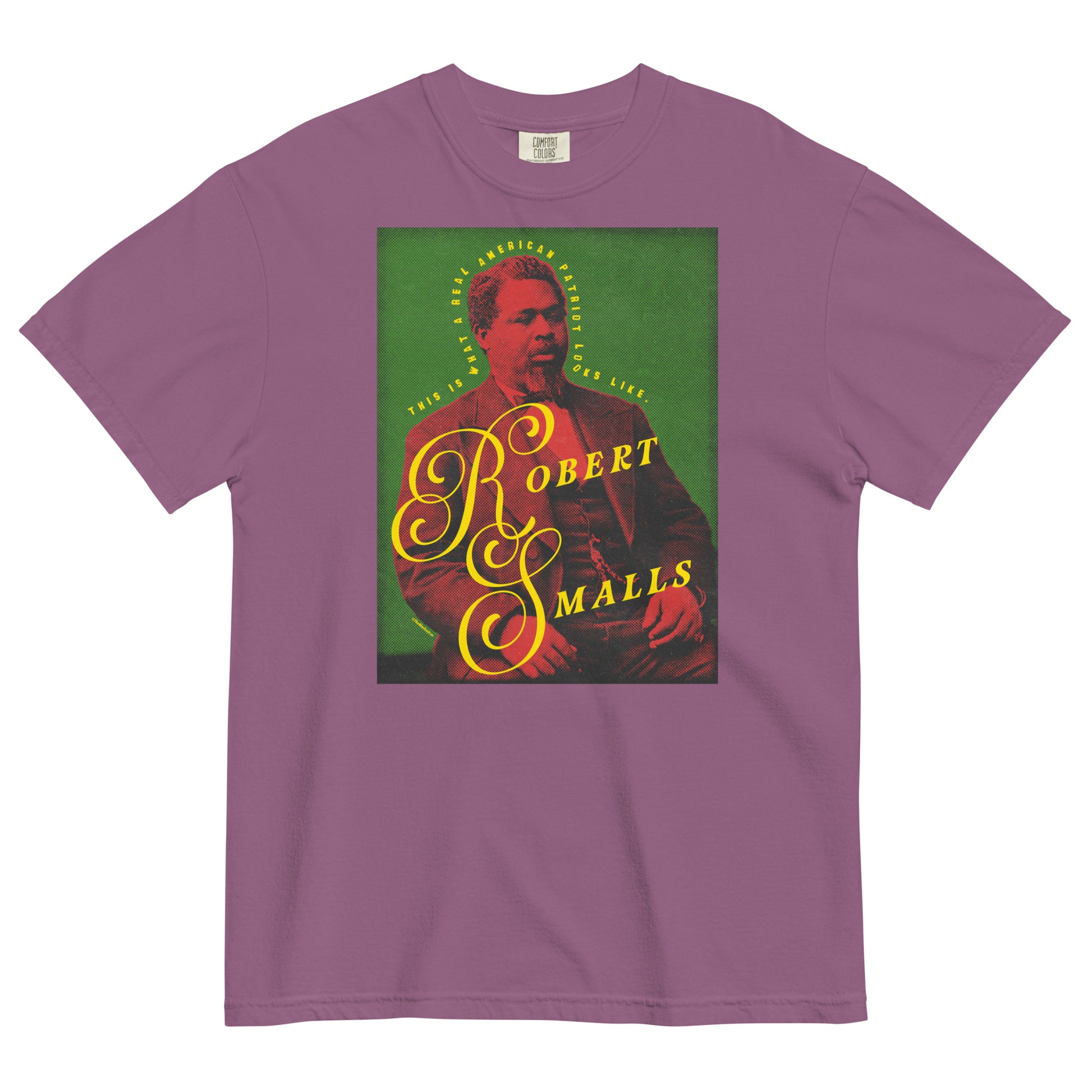 Purple t-shirt with a graphic of Robert Smalls and text on a white background