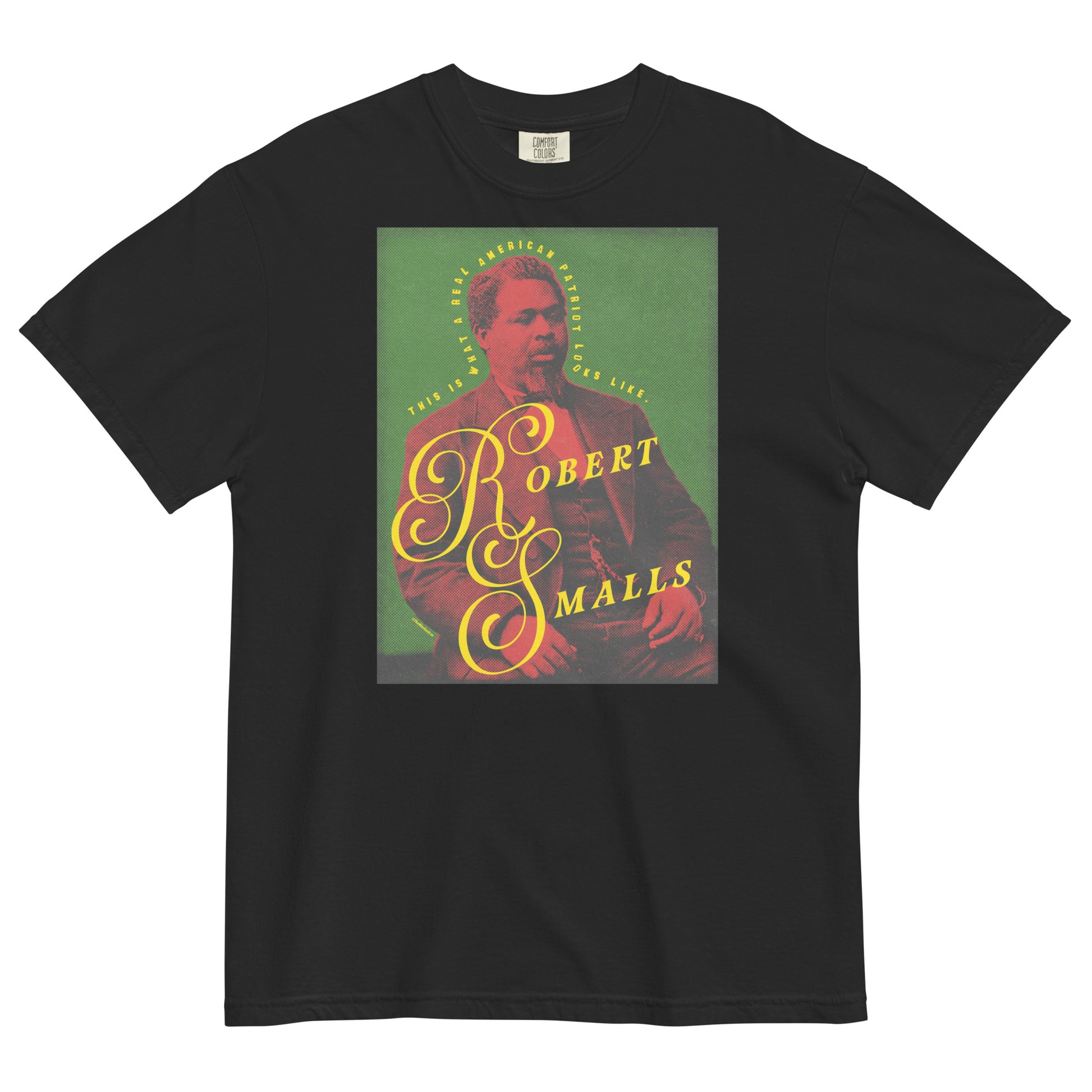 Black t-shirt with a graphic of Robert Smalls and text on a white background