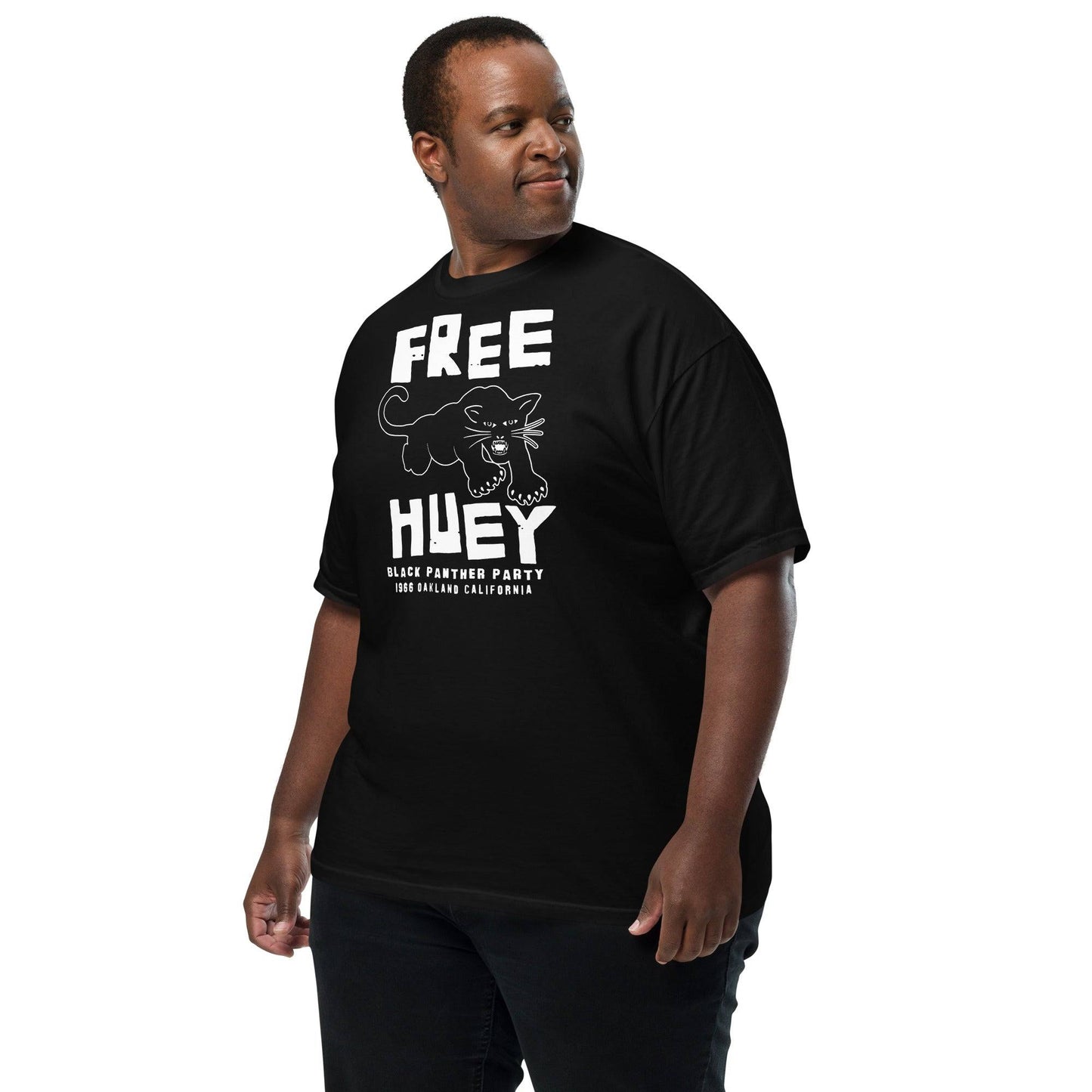Man posing in Free Huey Black Panther Party t-shirt