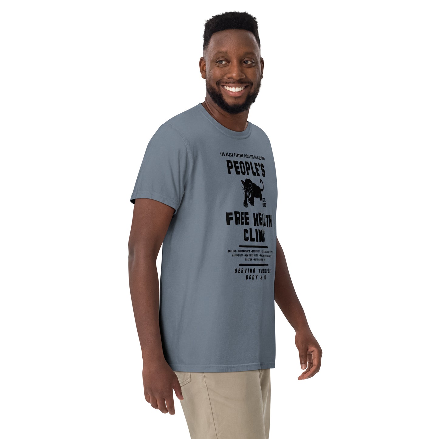 Model wearing blue People's Free Health Clinic T-shirt