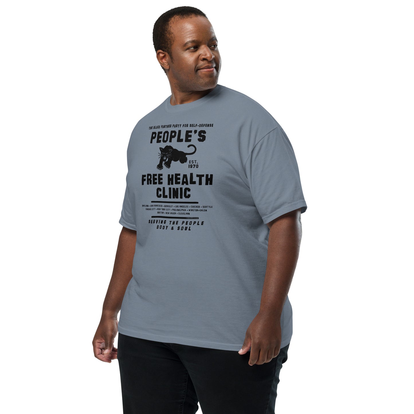 Plus-size model in blue People's Free Health Clinic T-shirt