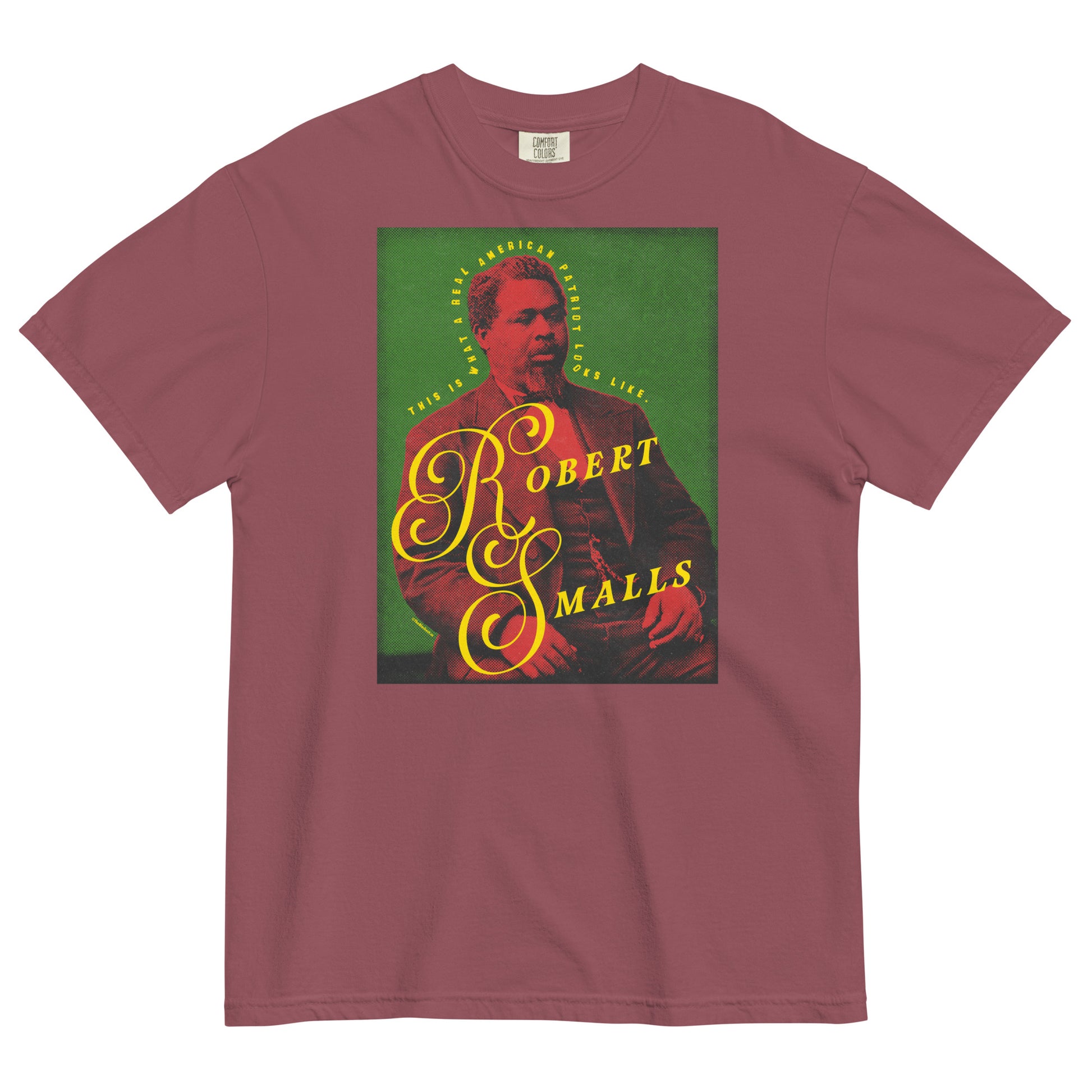 Maroon t-shirt with a graphic of Robert Smalls and text on a white background