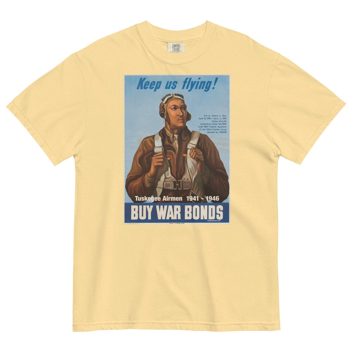 butter yellow t shirt with the image of an african american wwii pilot and tuskegee airmen written on it