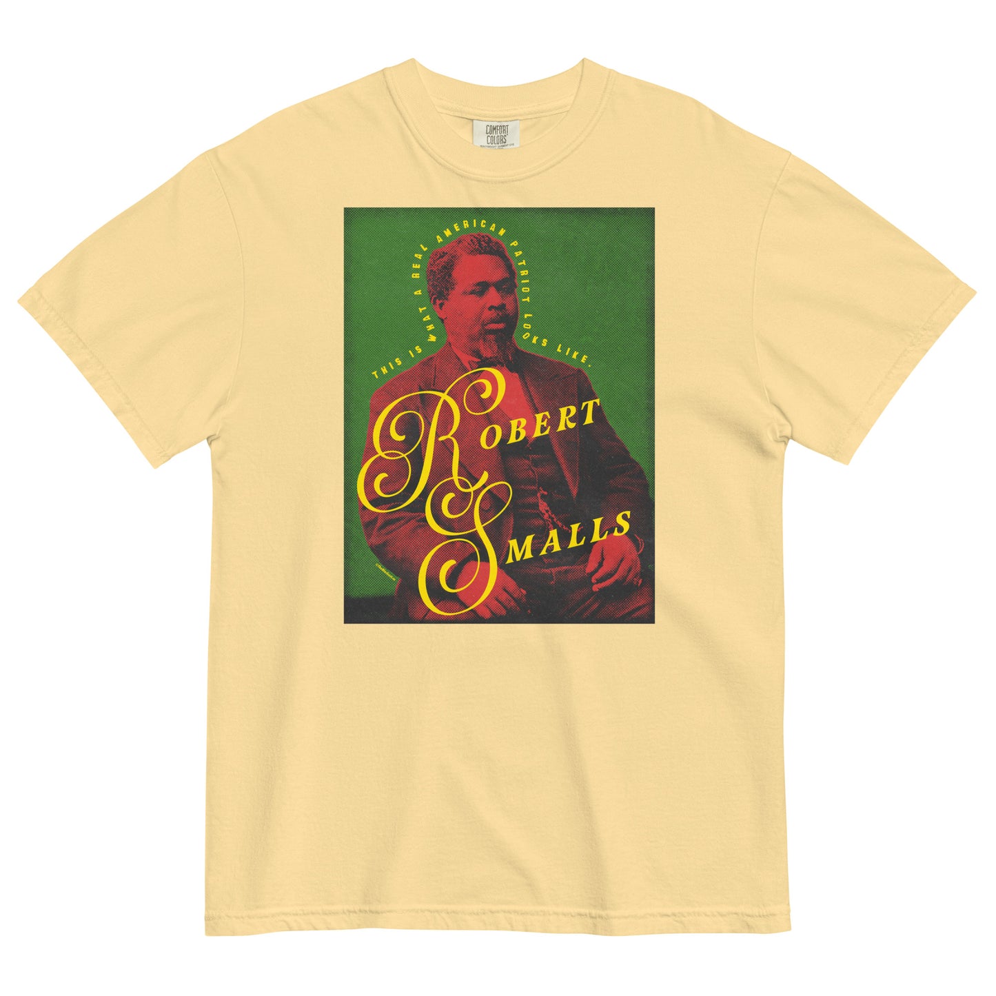 Beige t-shirt with a graphic of Robert Smalls on a green background