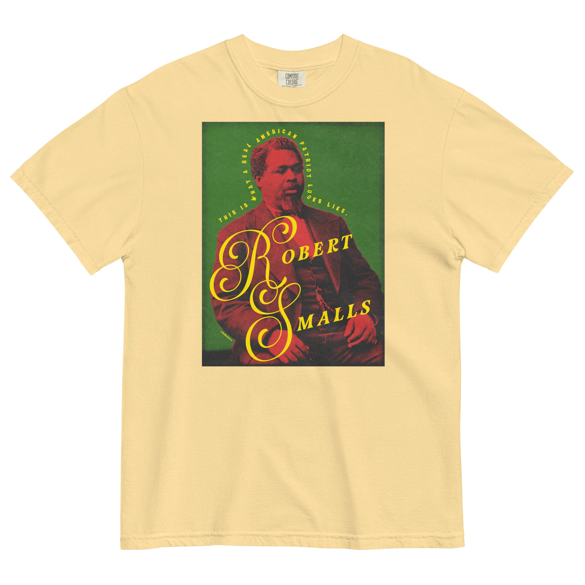 Beige t-shirt with a graphic of Robert Smalls on a green background
