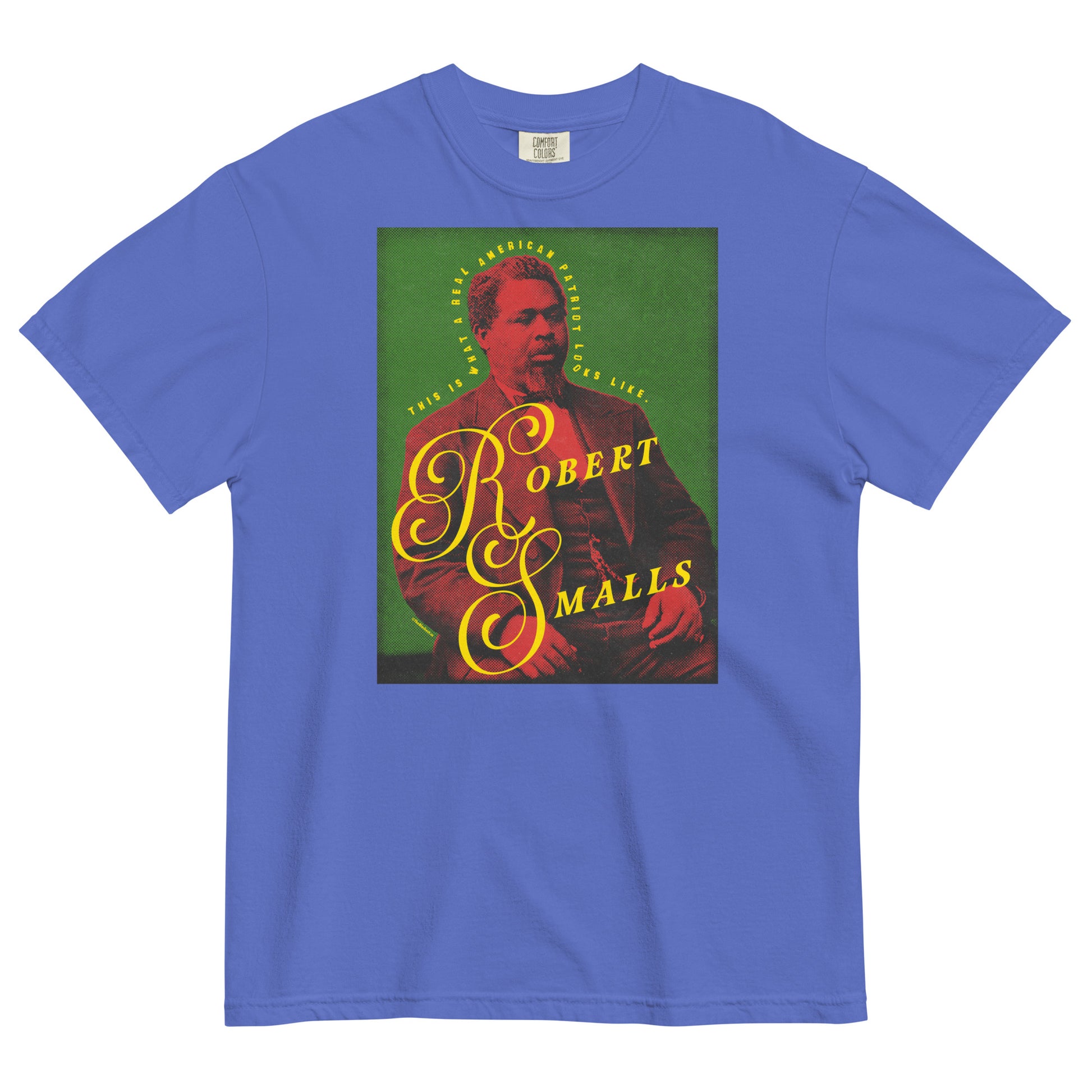 Blue t-shirt with a graphic of Robert Smalls on a green background