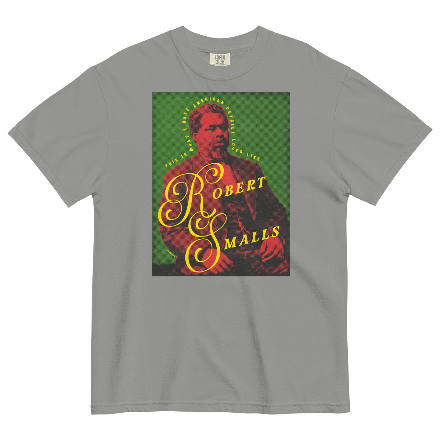 Gray t-shirt with a graphic of Robert Smalls on a green background