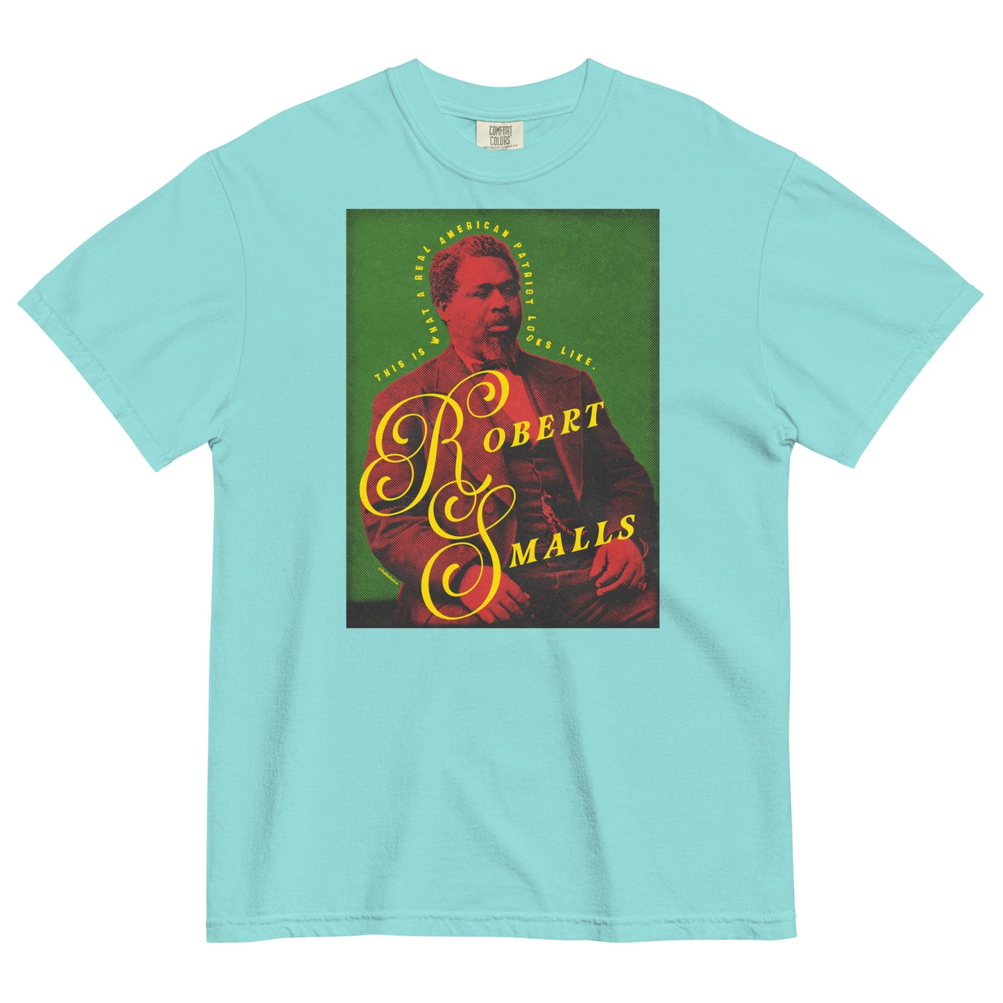 Light blue t-shirt with a graphic of Robert Smalls and text on a white background
