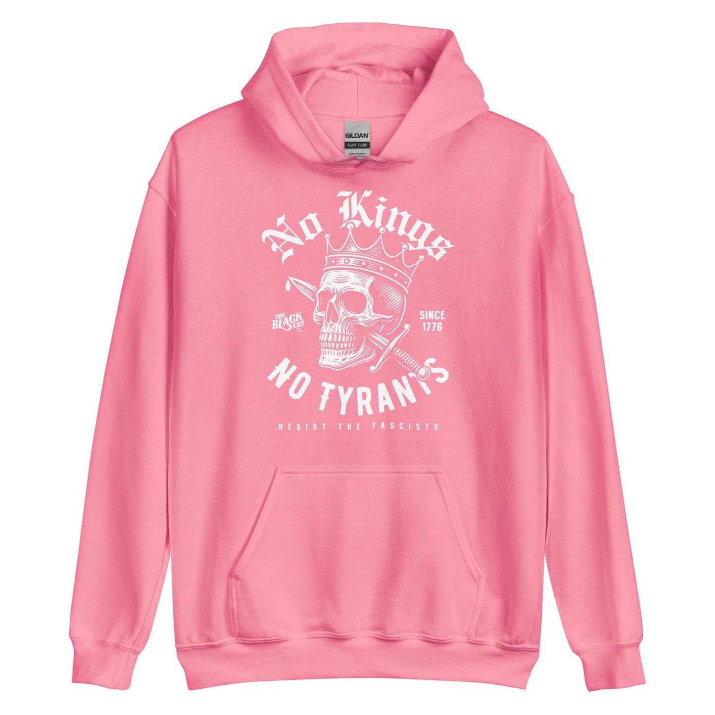 Pink No Kings No Tyrants Skull Protest Hoodie by TheBlackest Co., featuring bold white skull design and anti-tyranny message for expressive streetwear.
