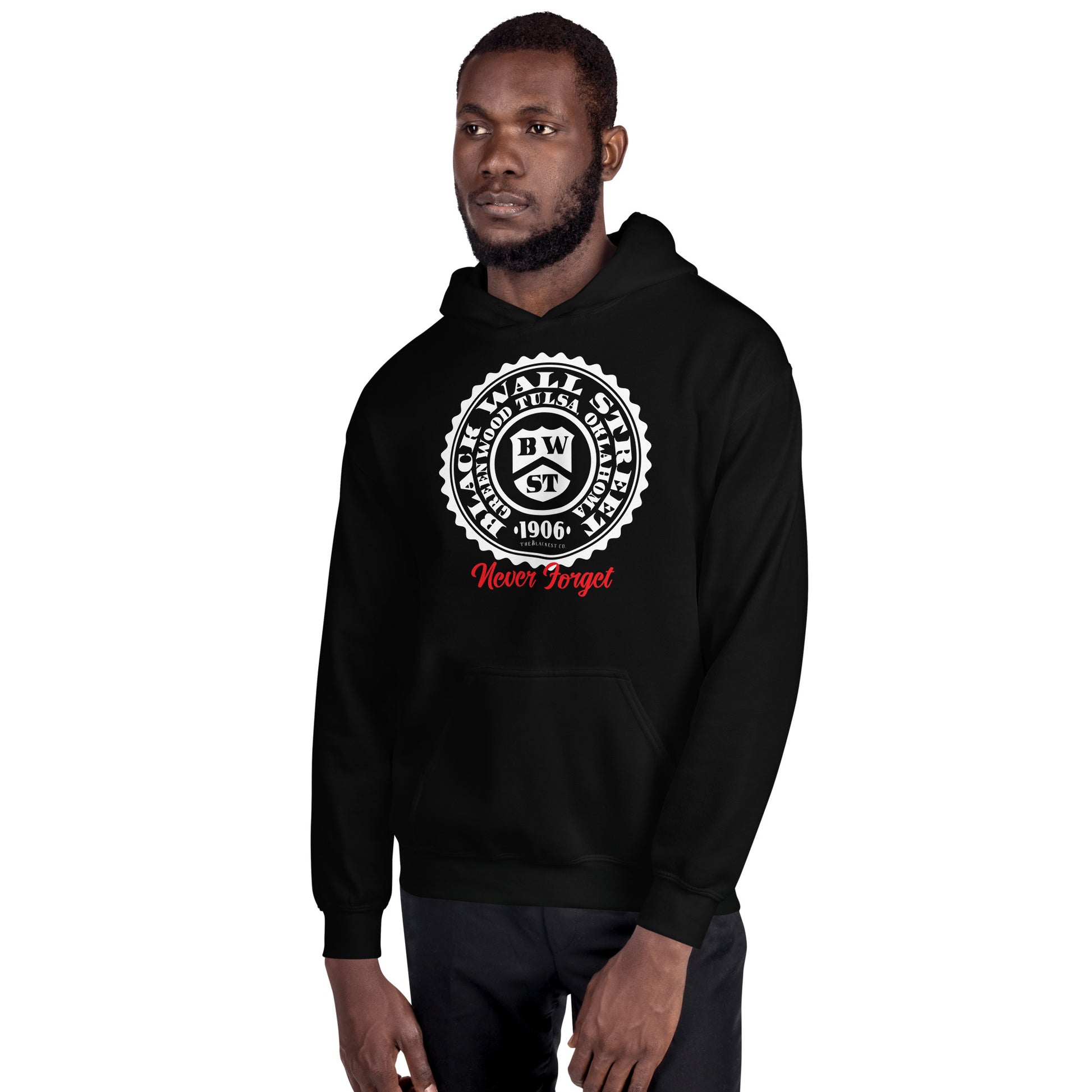 Model wearing Black Wall Street Seal Never Forget pullover hoodie in black. A stylish and meaningful tribute to history, ideal for casual wear.