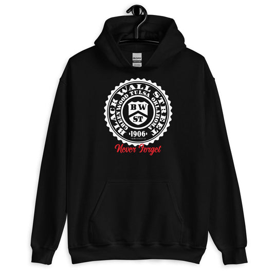 Black Wall Street Seal Never Forget pullover hoodie in black with a bold white and red design. Soft, warm, and perfect for cooler weather.