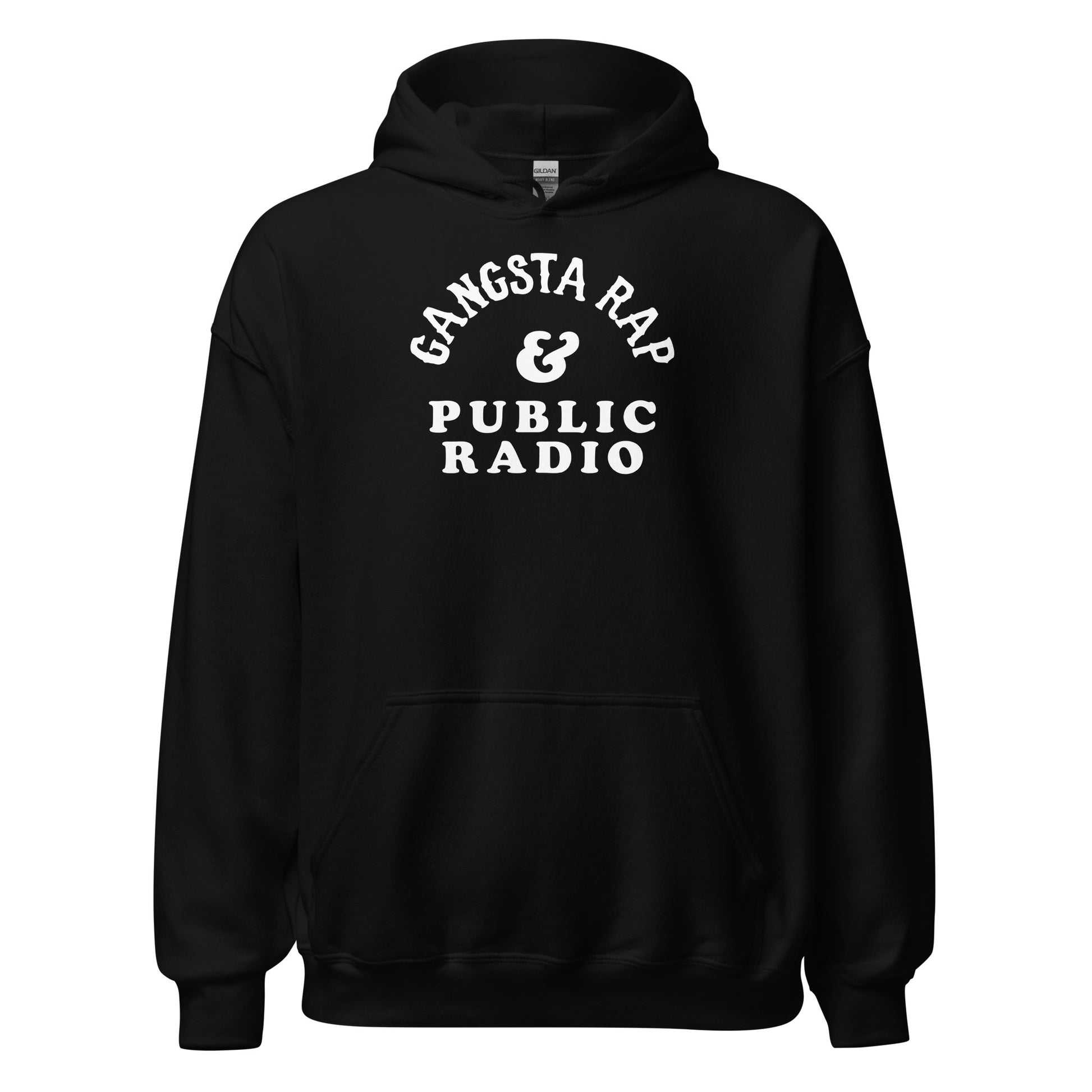 Black Gangsta Rap And Public Radio Unisex Staple Hoodie with white graphic text, soft fleece lining and classic streetwear design.