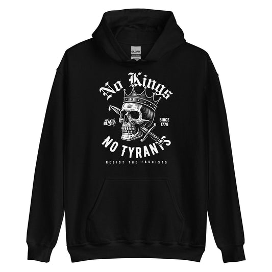 Black No Kings No Tyrants Skull Protest Hoodie by TheBlackest Co. featuring bold white skull graphic with crown and anti-tyranny message.