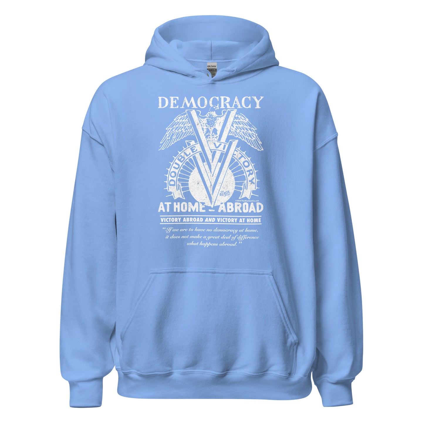 Light blue Double V Campaign WWII Black Soldiers Hoodie with vintage WWII graphic celebrating Black veterans' fight for equality.