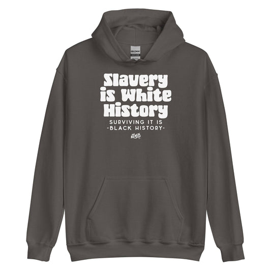 Charcoal Slavery Is White History Hoodie ALLY VERSION by TheBlackest Co. with bold white activist message on front, unisex pullover style.