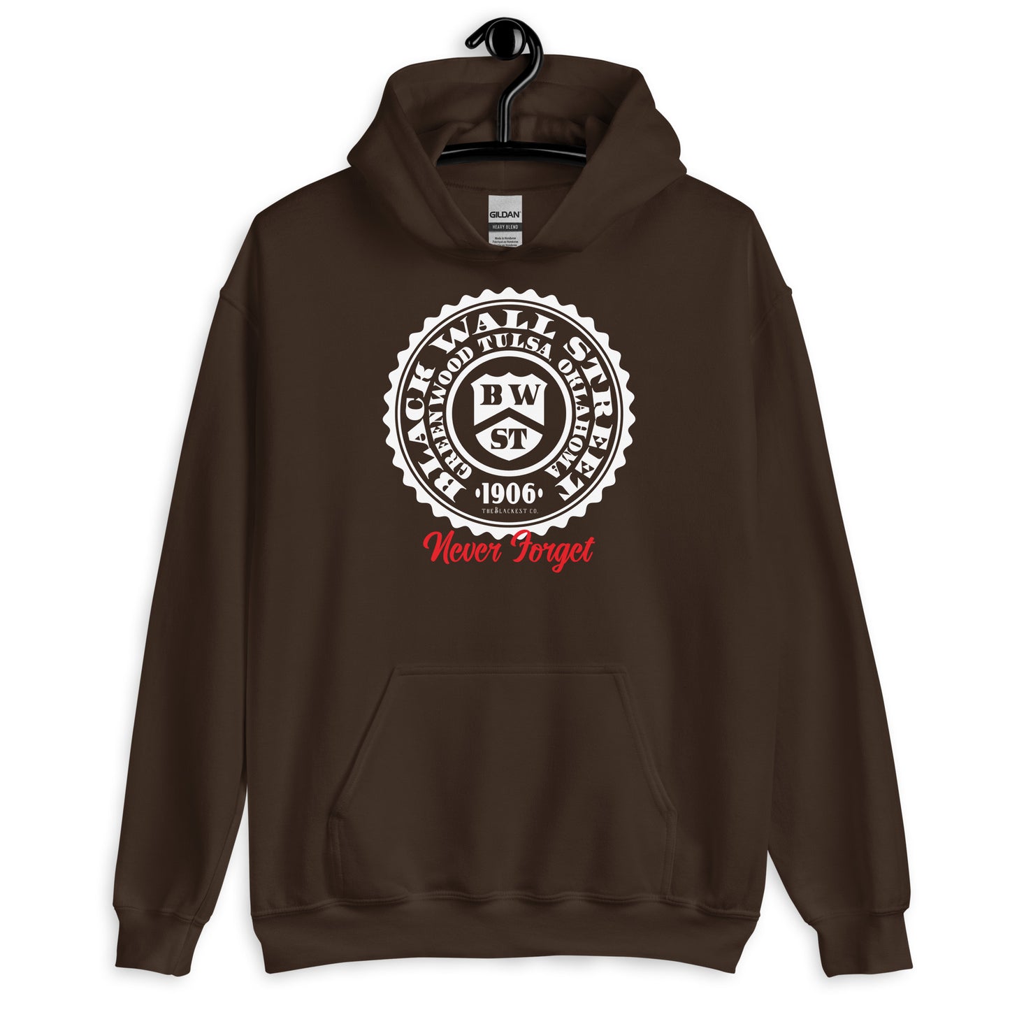 Brown Black Wall Street Seal Never Forget pullover hoodie featuring a historical emblem. Cozy and stylish, perfect for layering in cold weather.