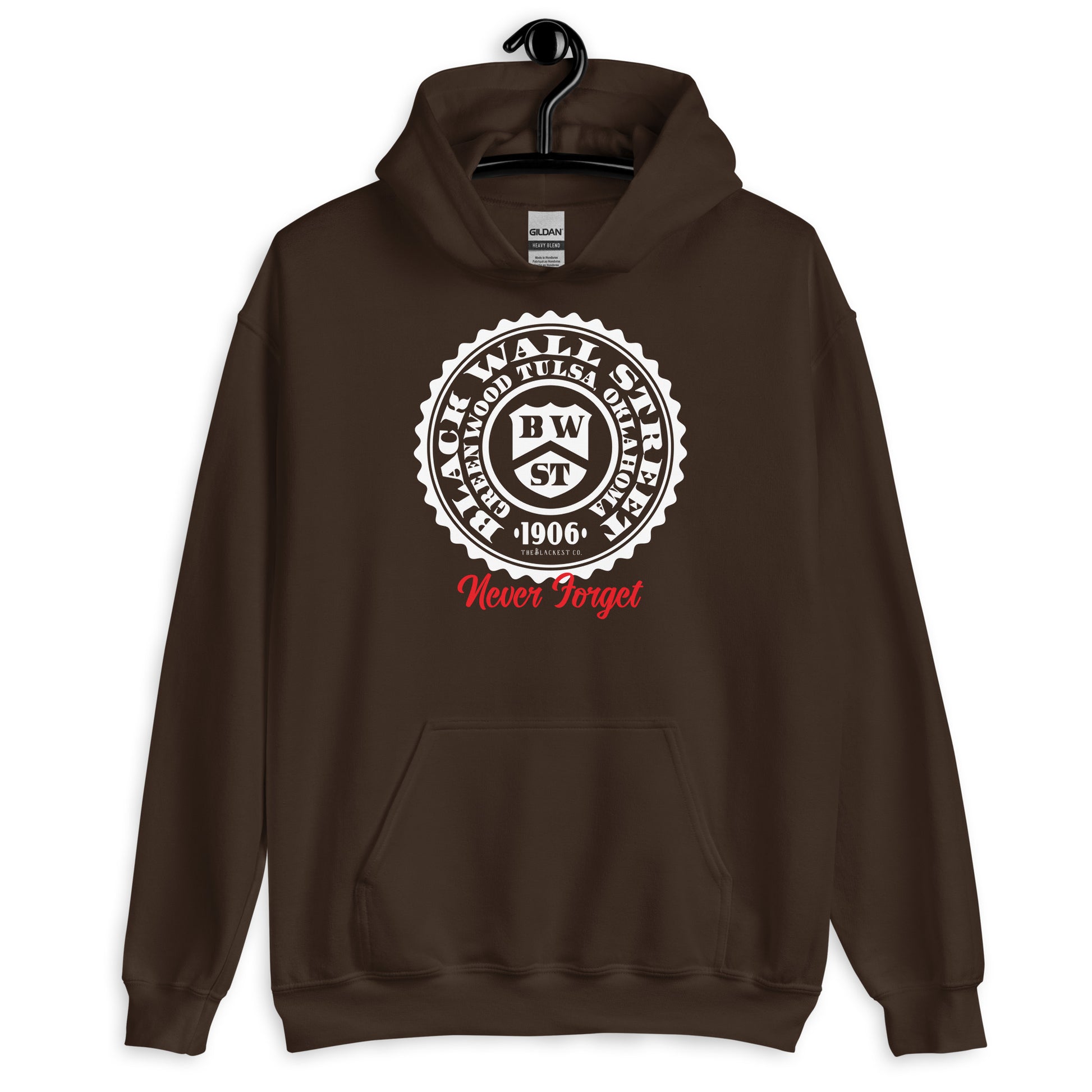 Brown Black Wall Street Seal Never Forget pullover hoodie featuring a historical emblem. Cozy and stylish, perfect for layering in cold weather.