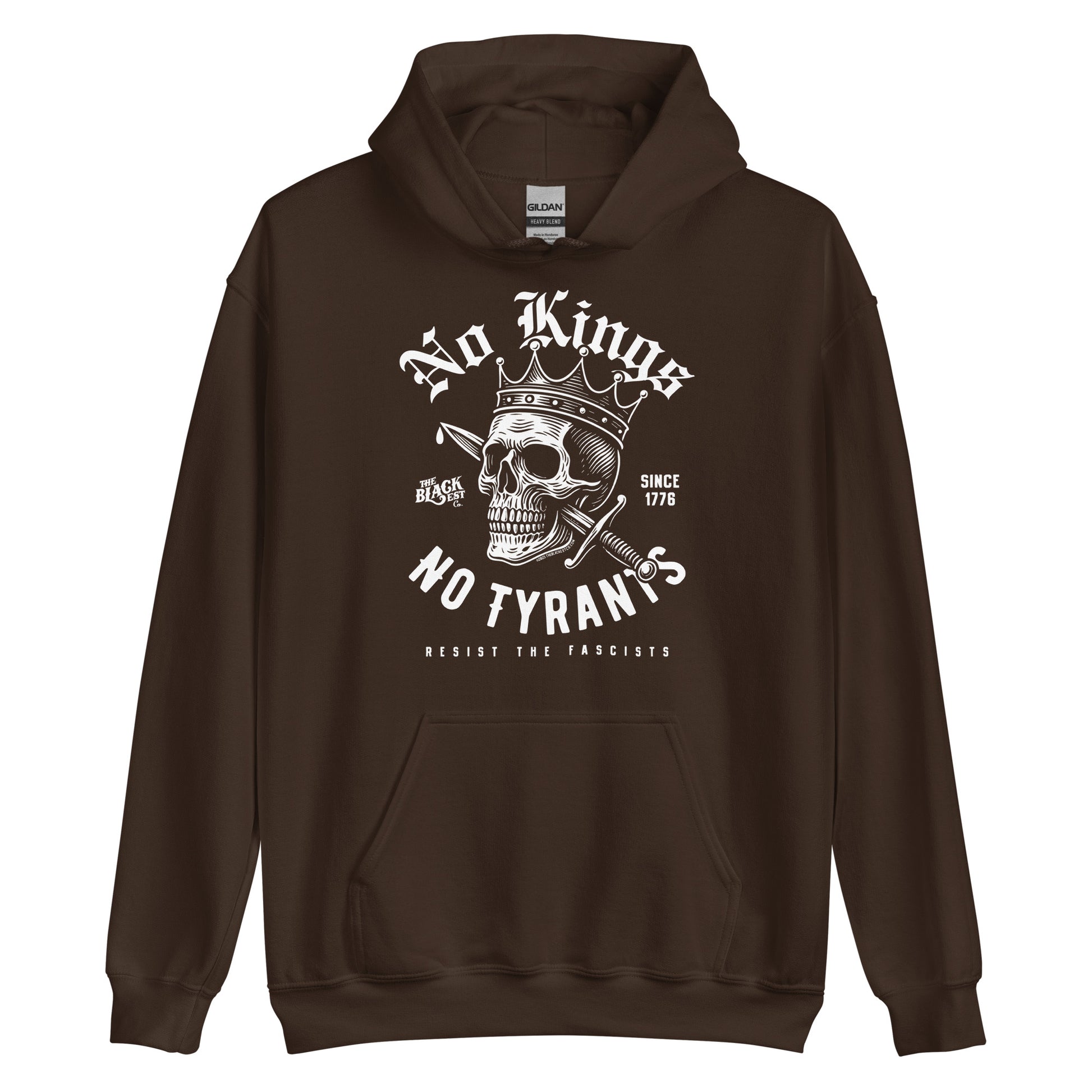 Brown No Kings No Tyrants Skull Protest Hoodie by TheBlackest Co., featuring white skull design and anti-tyranny message for cultural streetwear lovers.