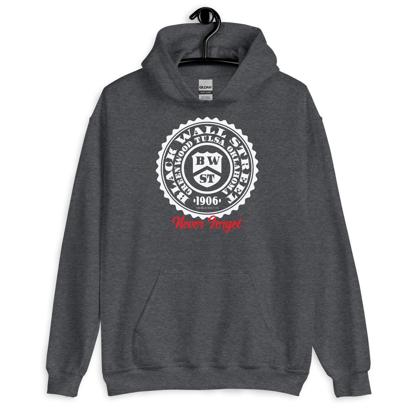 Dark gray Black Wall Street Seal Never Forget pullover hoodie with a bold white and red design. A must-have staple for history enthusiasts.