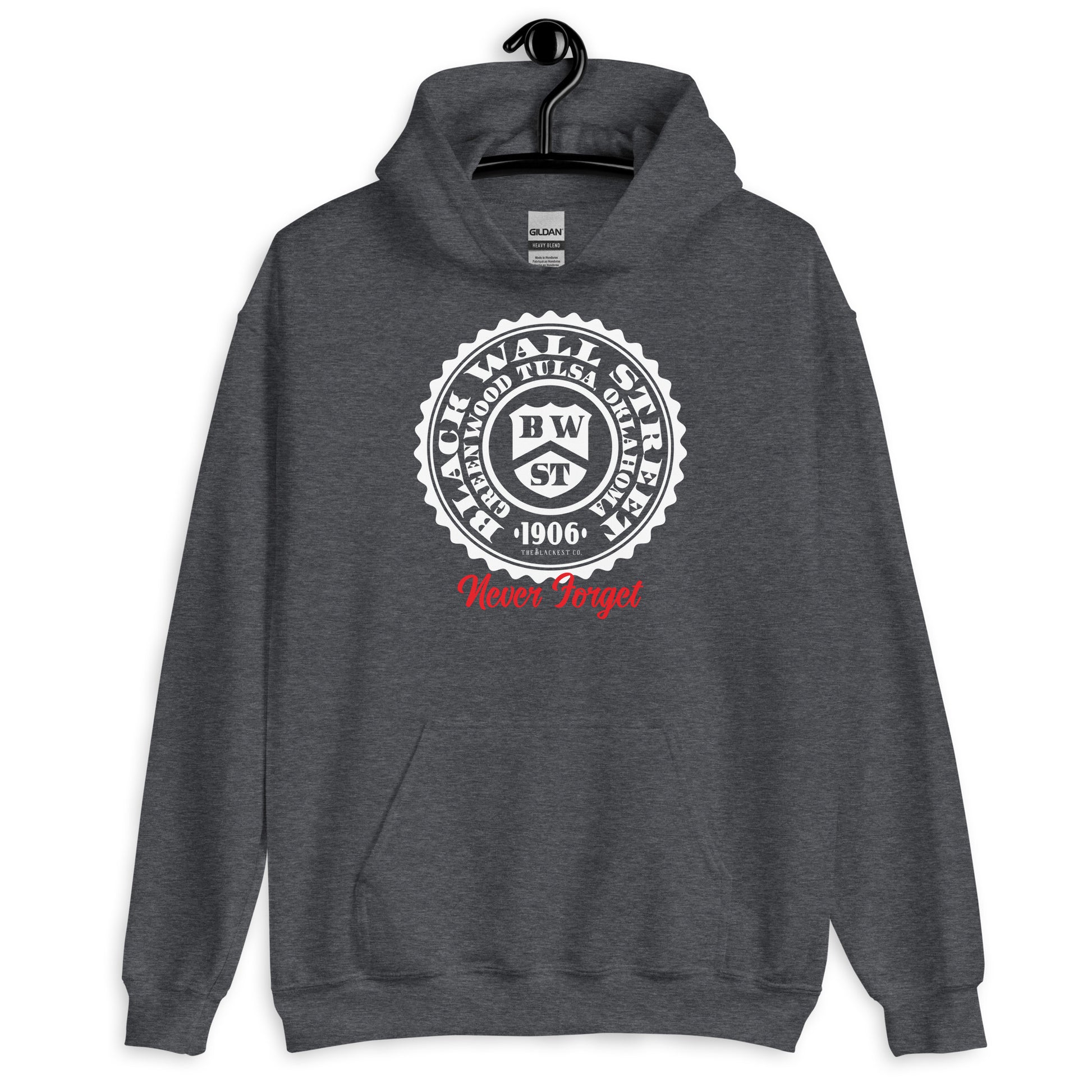 Dark gray Black Wall Street Seal Never Forget pullover hoodie with a bold white and red design. A must-have staple for history enthusiasts.