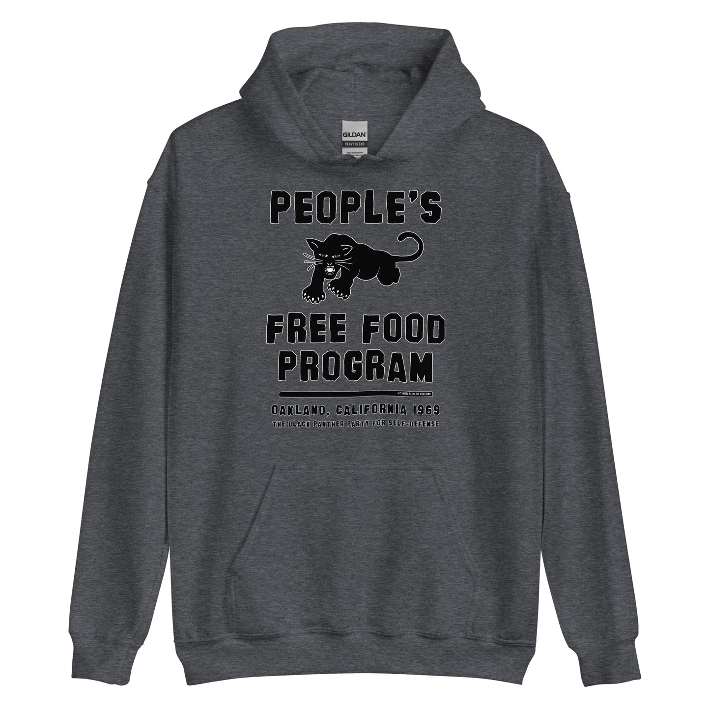 Dark heather gray Black On Black BPP Free Food Program Staple Hoodie featuring bold black panther graphic and historic civil rights message.