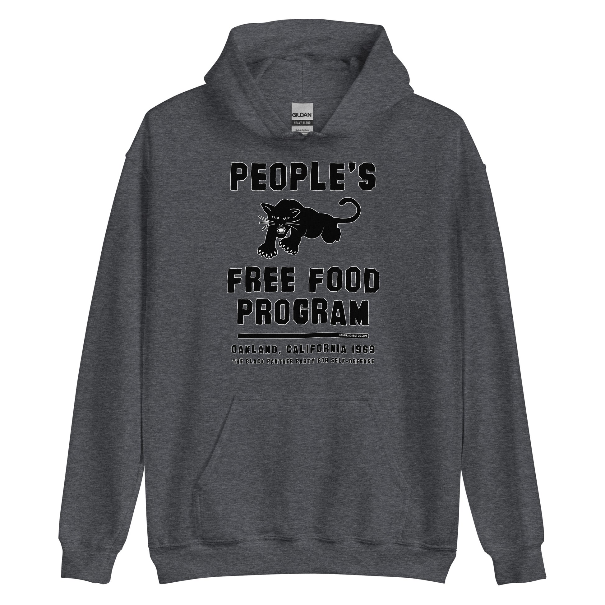 Dark heather gray Black On Black BPP Free Food Program Staple Hoodie featuring bold black panther graphic and historic civil rights message.