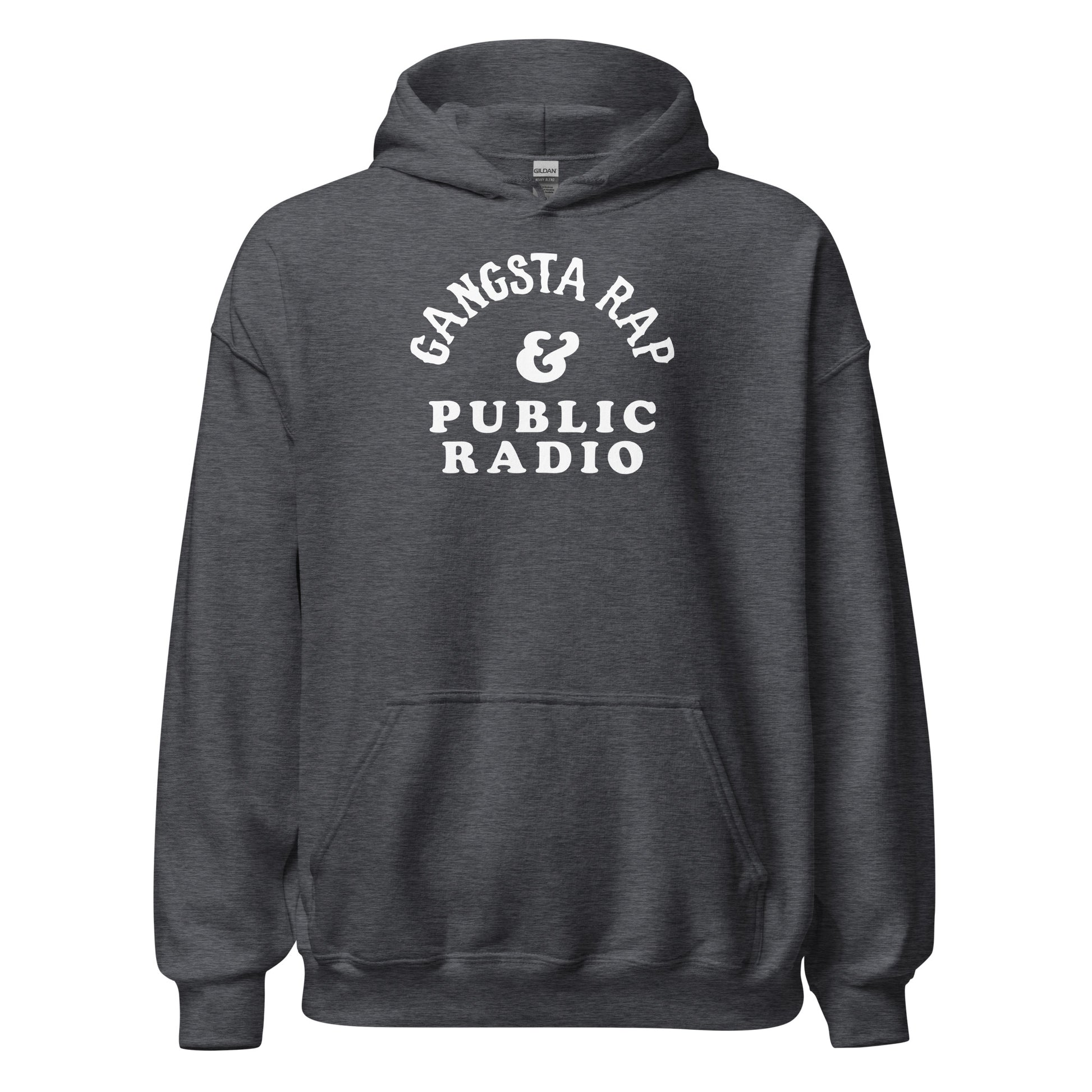 Charcoal gray Gangsta Rap And Public Radio Unisex Staple Hoodie with front pouch pocket, perfect for cozy streetwear fashion.