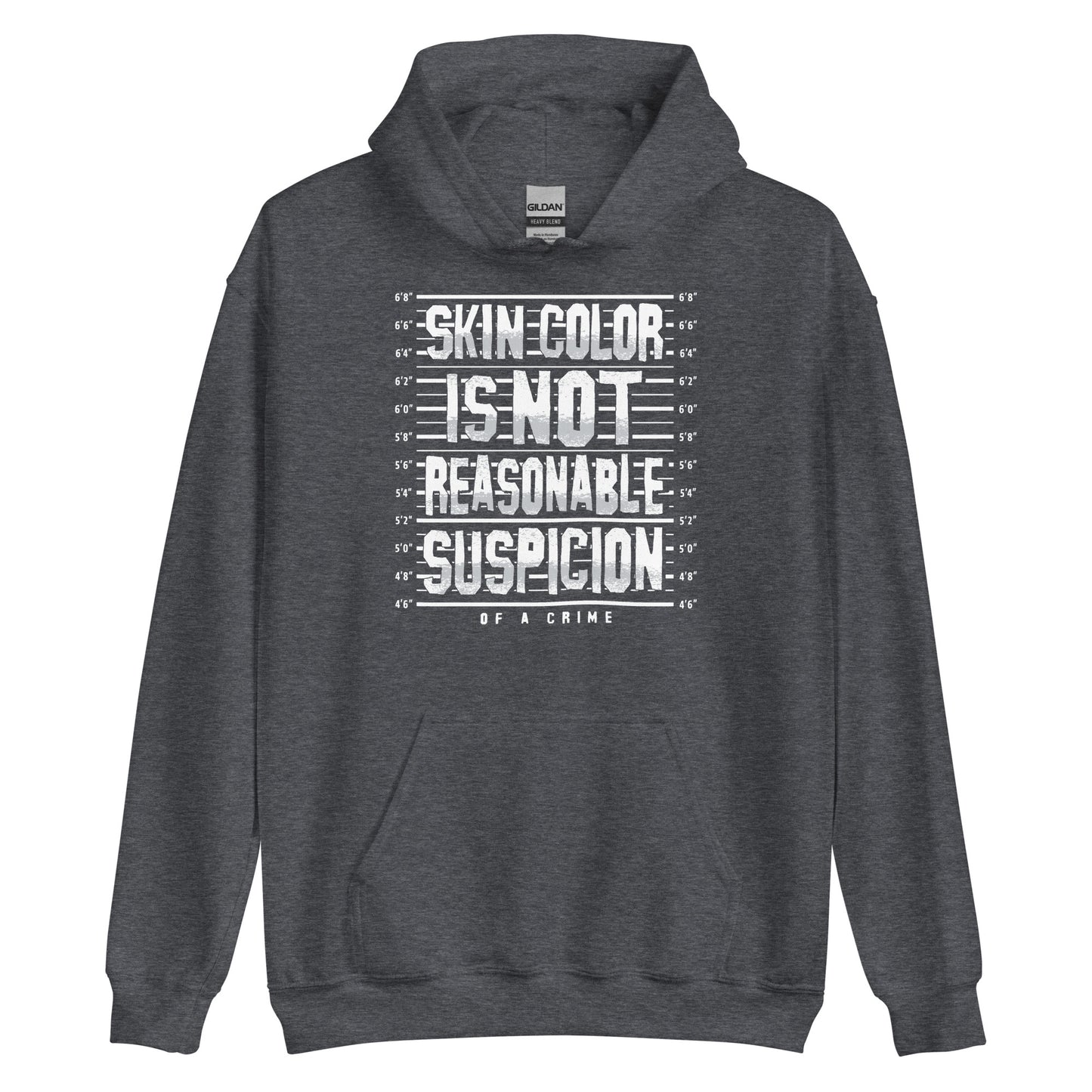 Dark heather gray Skin Color Is Not A Crime Unisex Hoodie by TheBlackest Co., combining comfort and cultural statement in cold weather gear.