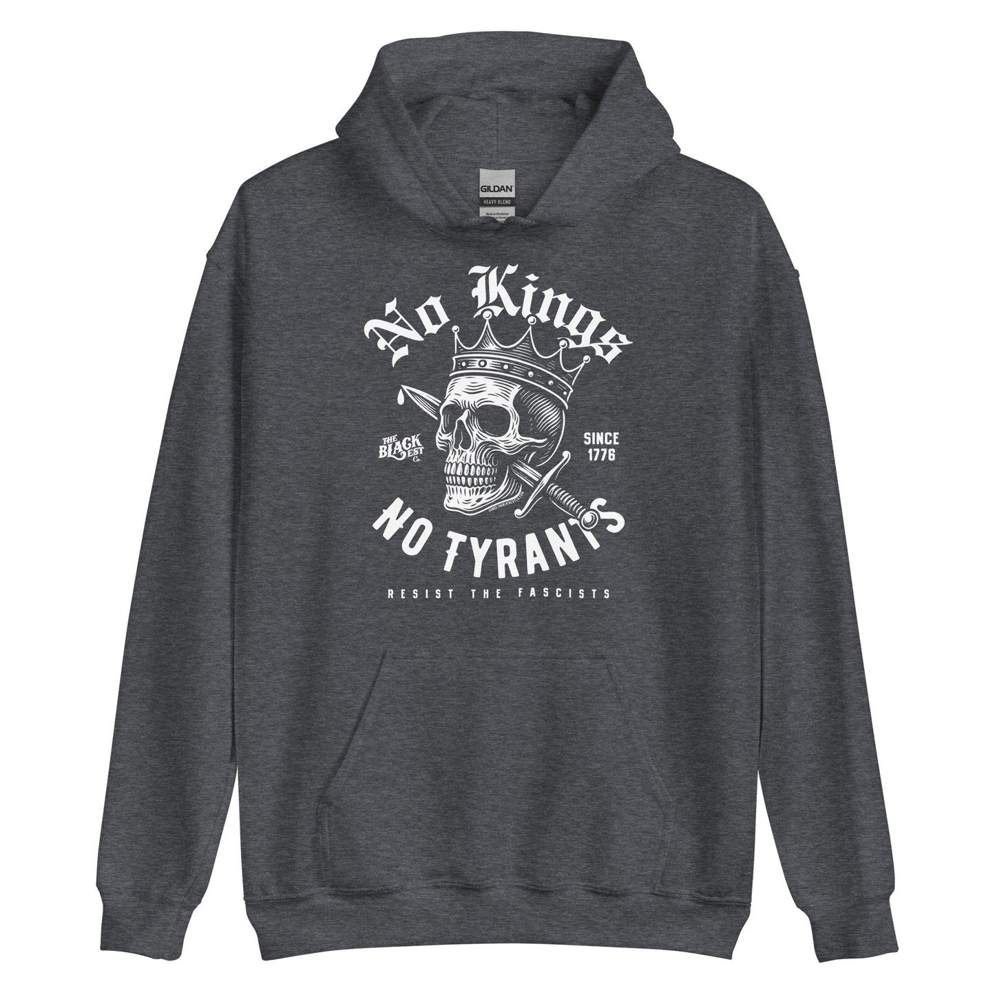 Dark gray No Kings No Tyrants Skull Protest Hoodie by TheBlackest Co., featuring bold protest skull design and cultural empowerment message.